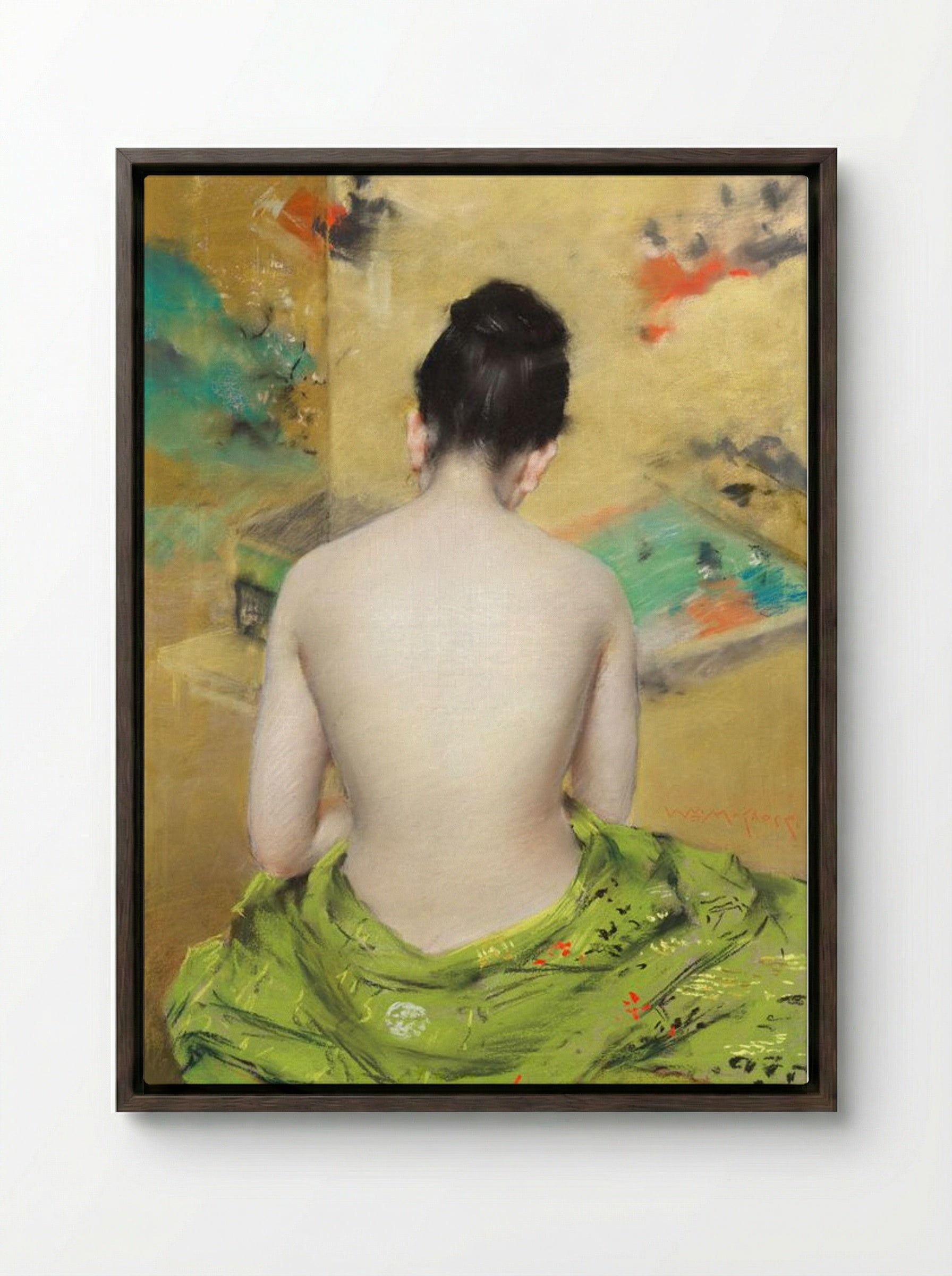 Study of a Japanese Model (Back View) - William Merritt Chase - Framed Canvas Dark Wood