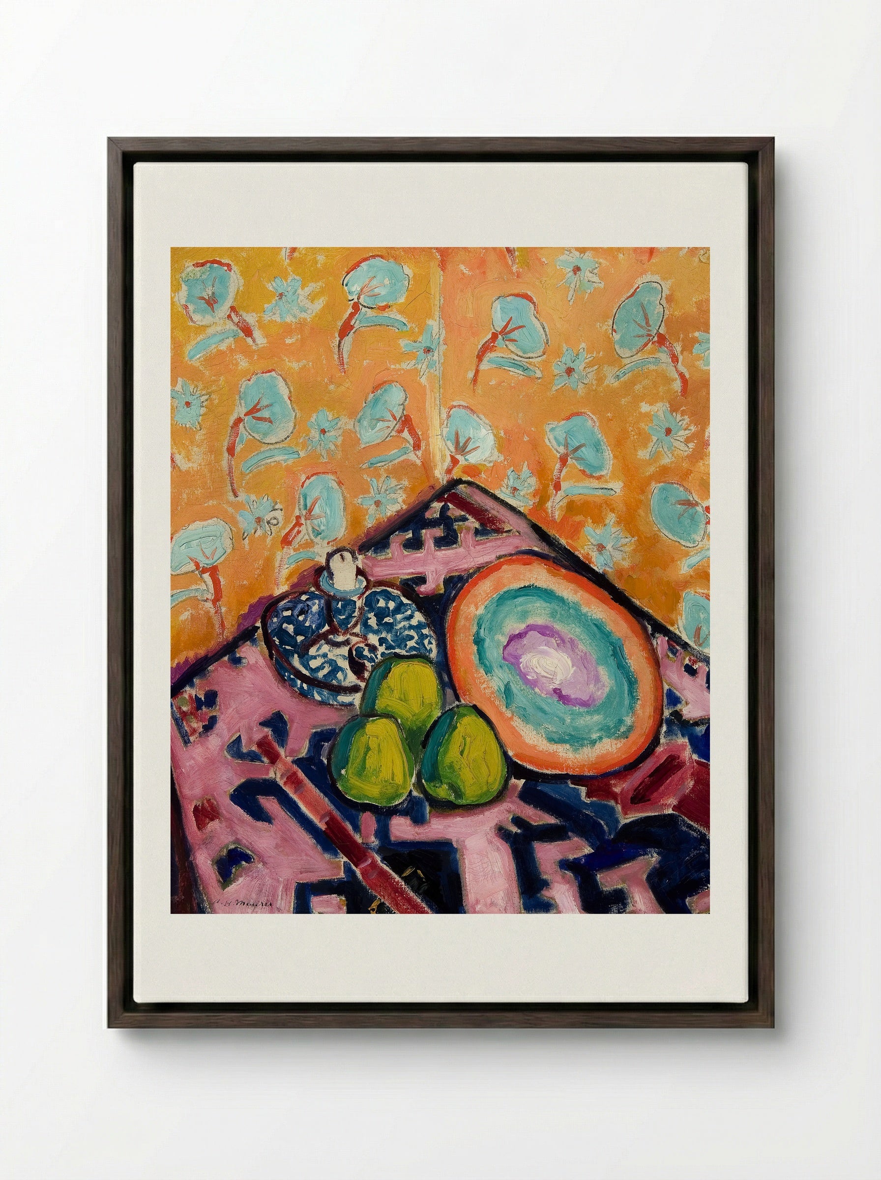 Still Life with Fruit and Patterned Background - Alfred Henry Maurer - Framed Canvas Dark Wood