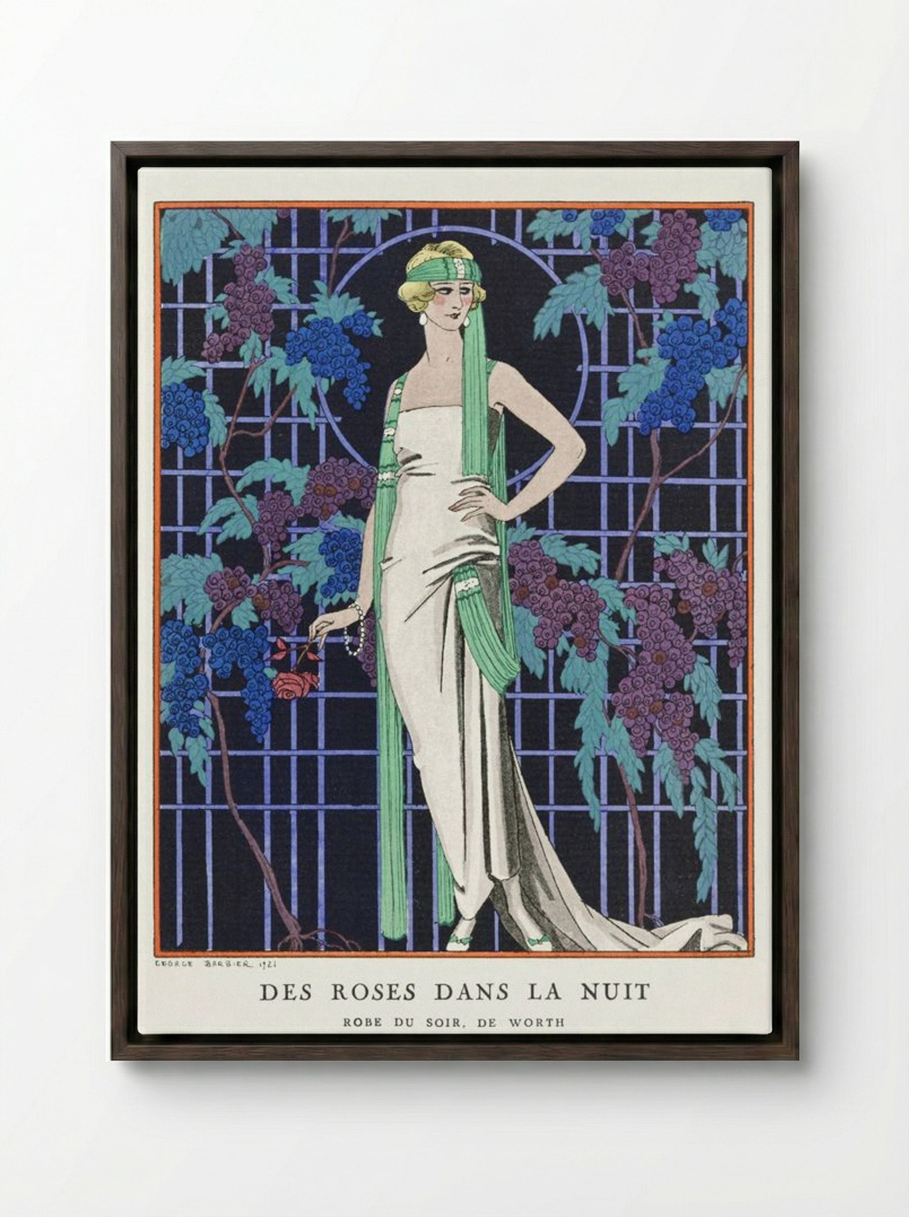 Des Roses dans la Nuit (Evening Dress by Worth) - George Barbier - Framed Canvas Dark Wood