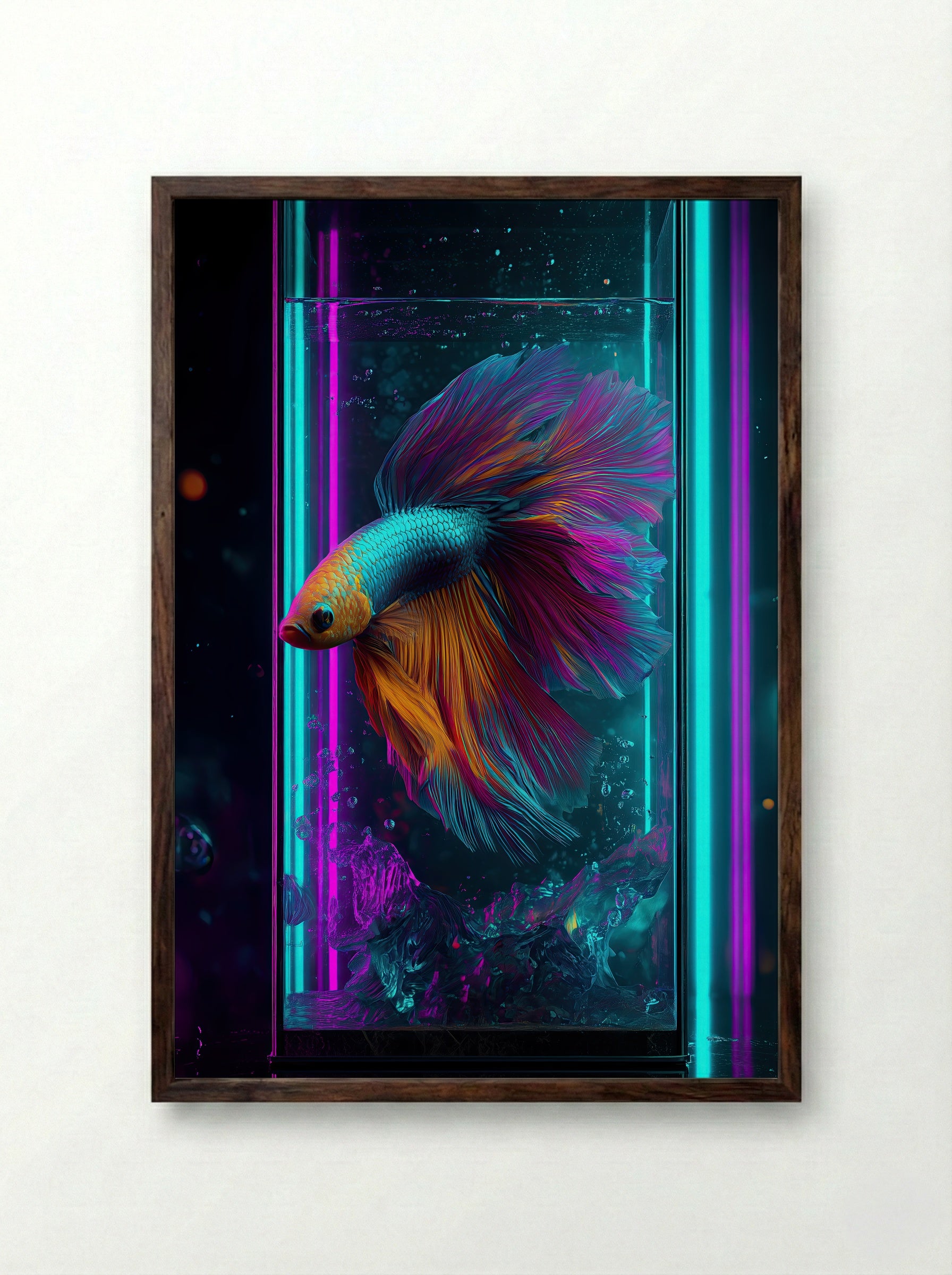 Neon Betta No.2 – Electric Blue Betta in Chromatic Tank - Framed Print Dark Wood