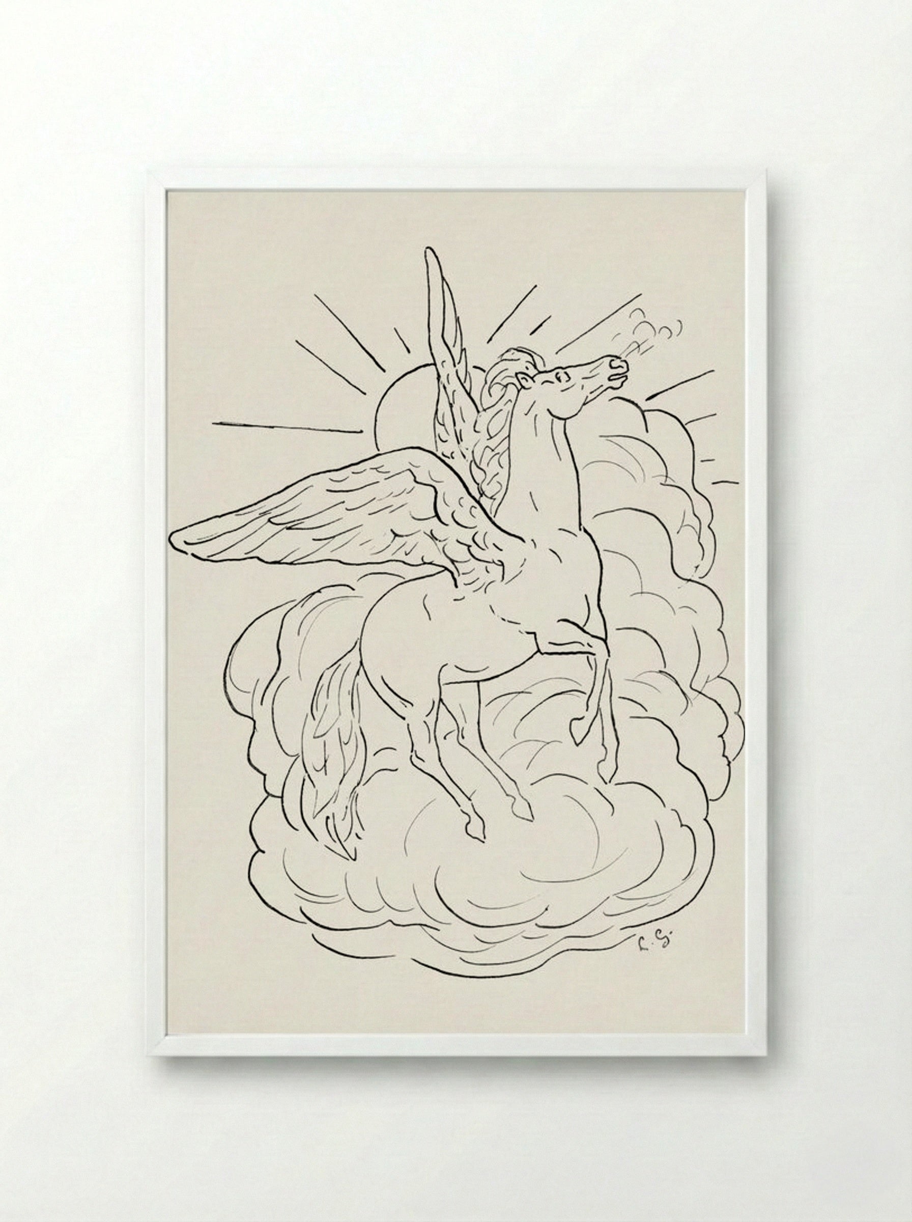 Pegasus Flies in Front of a Cloud - Leo Gestel - Framed Print White