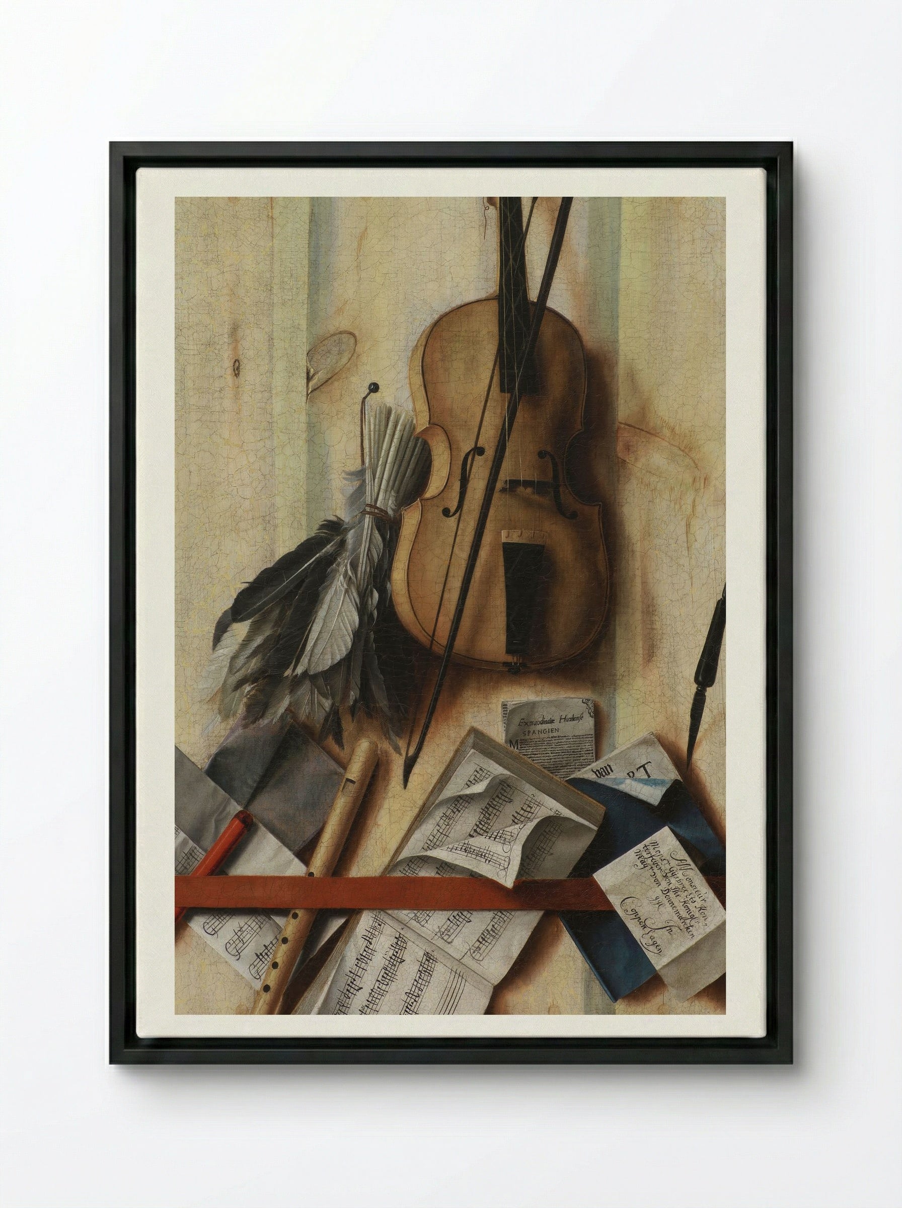 Trompe l'oeil with violin, sheet music and recorder - Cornelis Norbertus Gysbrechts - Framed Canvas Black