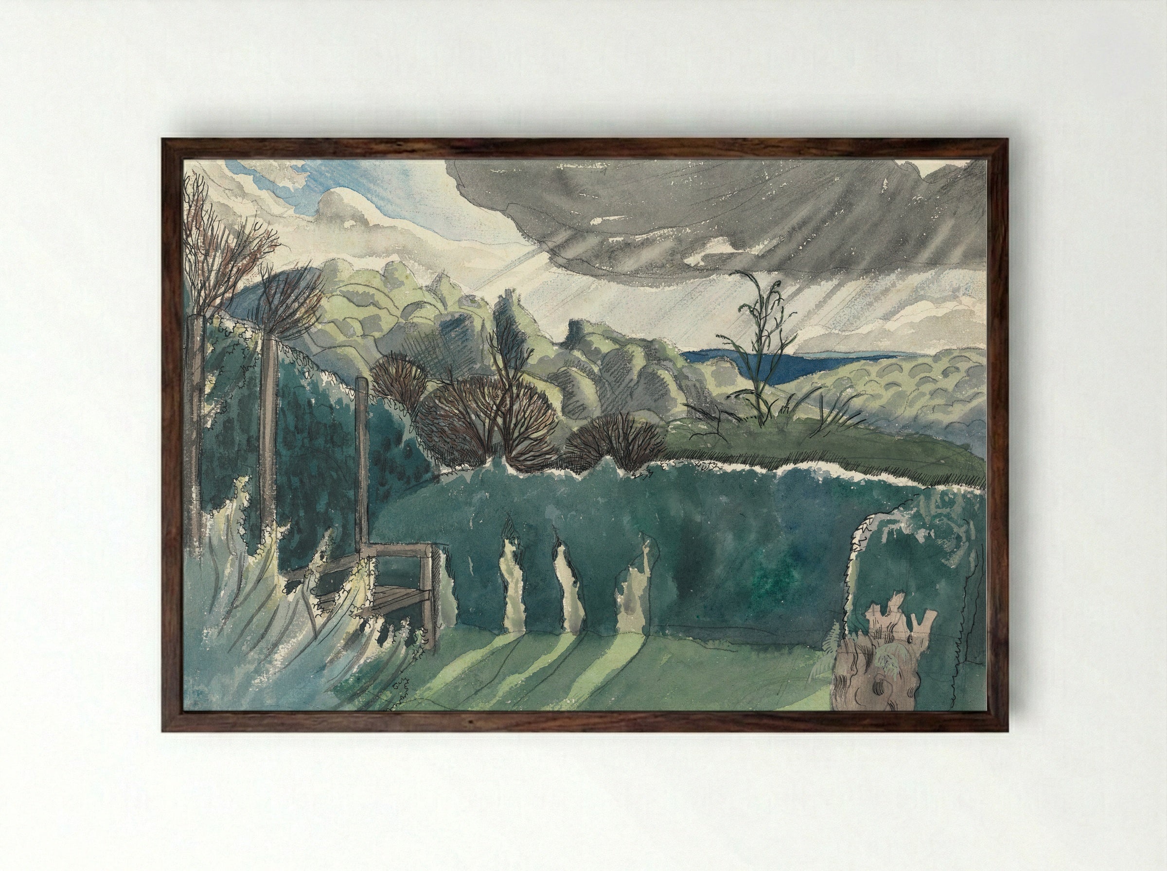 Landscape with Hedge and Distant Hills - Paul Nash - Framed Print Dark Wood