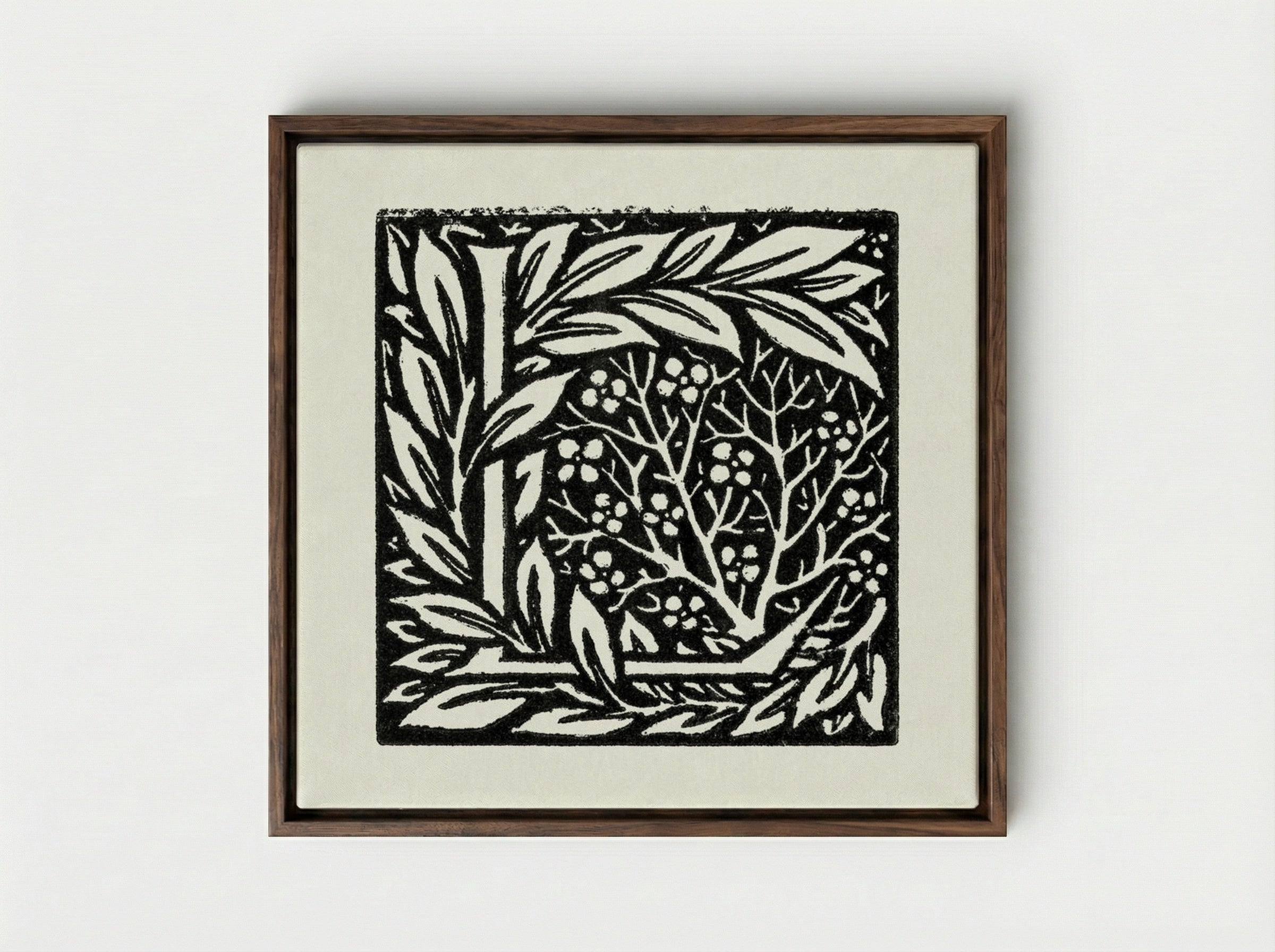 Love is Enough - Initial letter 'L' entwined with Laurel Leaves - William Morris - Framed Canvas Dark Wood