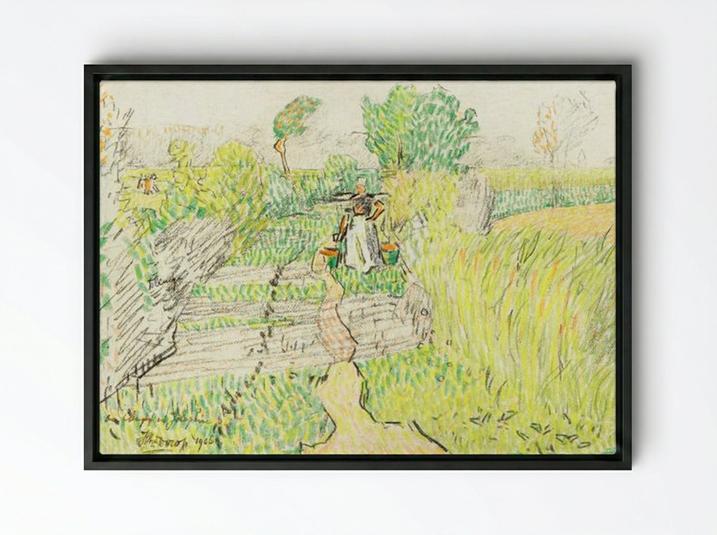 Peasant Woman with Milk Buckets in a Wheat Field - Jan Toorop - Framed Canvas Black