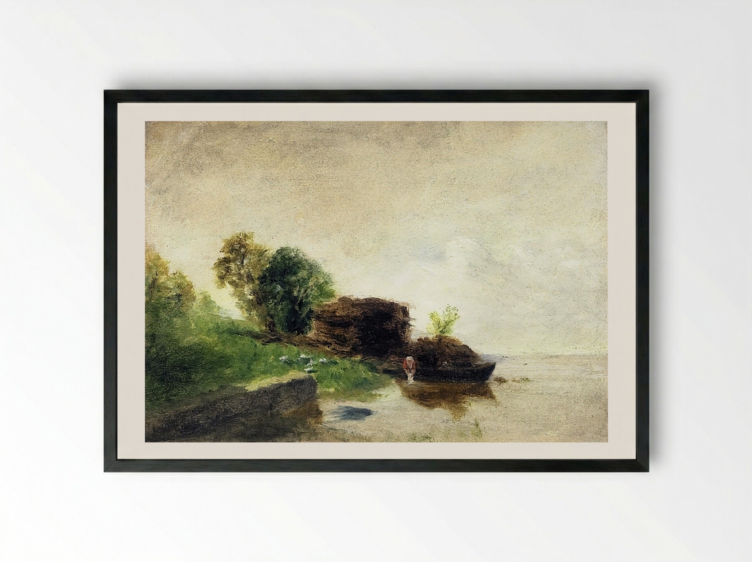 Laundress on the Banks of the River - Fine Art Print - Framed Print Black