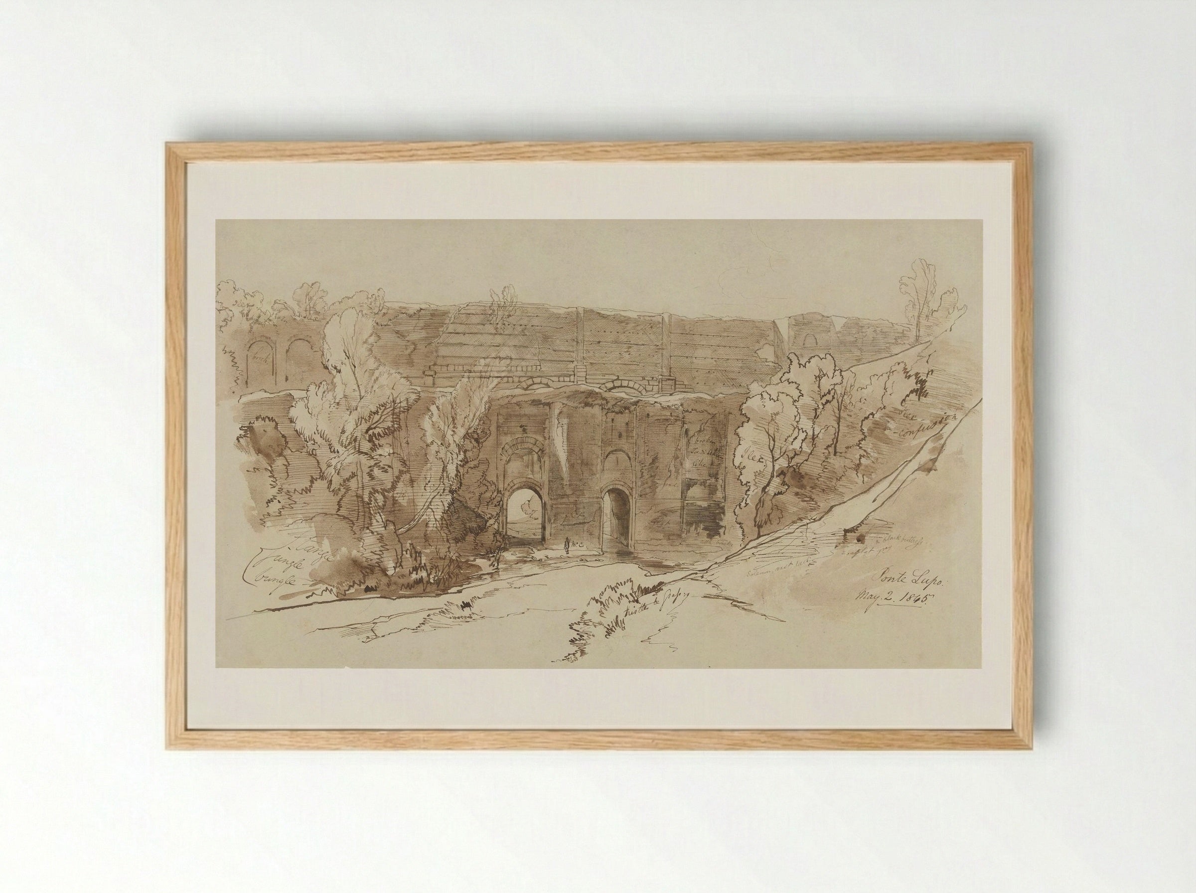Gezicht op de Ponte Lupo (bij Tivoli) - Edward Lear - Framed Print Wood