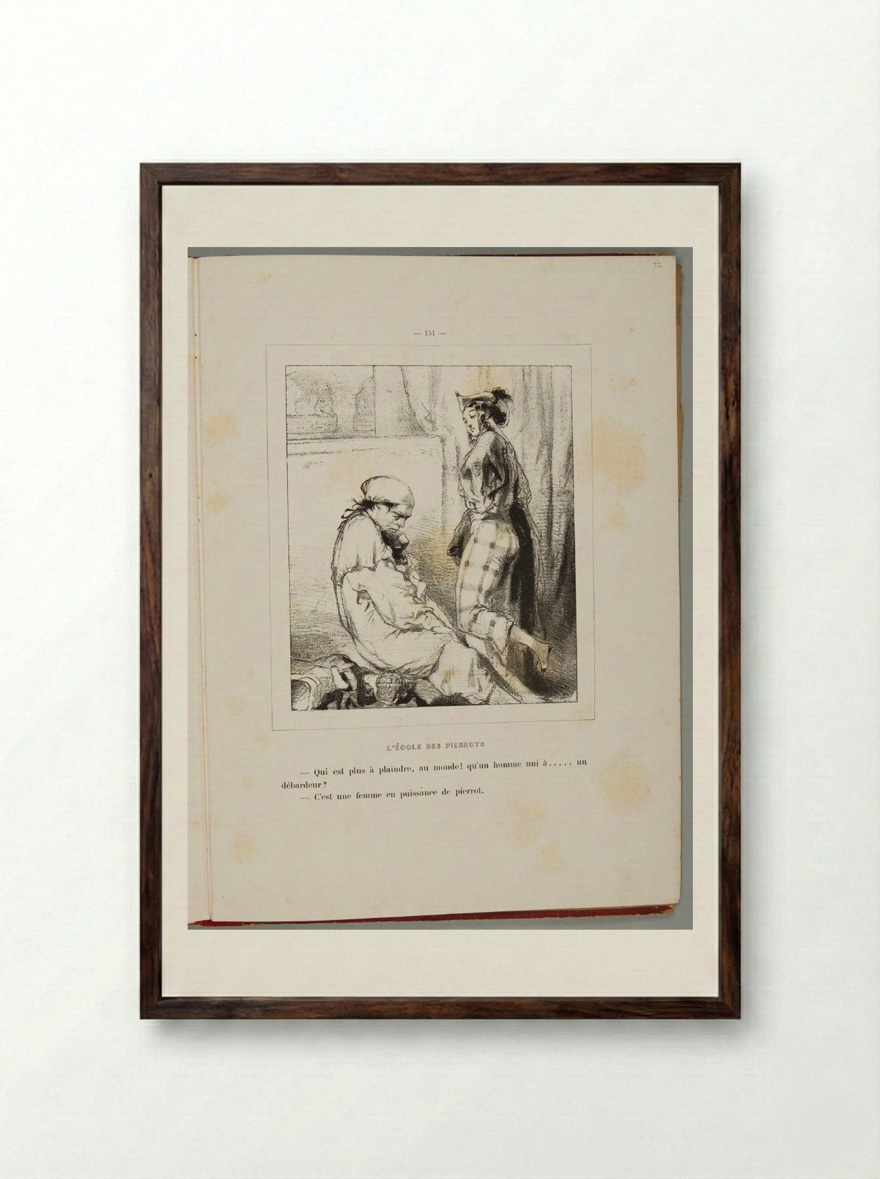Who is more pitiable in the world than a man united with ... a dockman? It's a woman at the mercy of Pierrot - Paul Gavarni - Framed Print Dark Wood