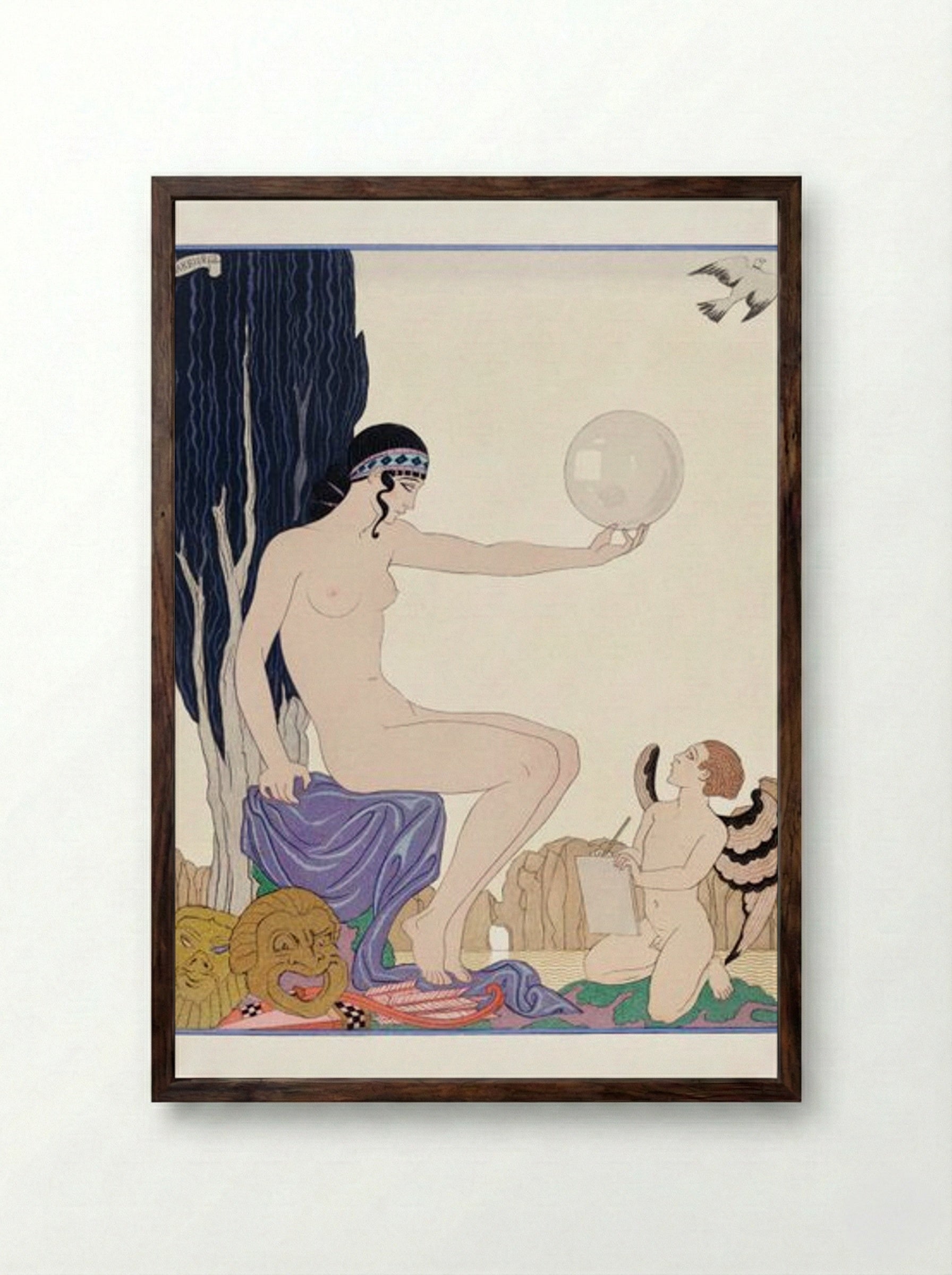 Seated Woman and Cherub - George Barbier - Framed Print Dark Wood