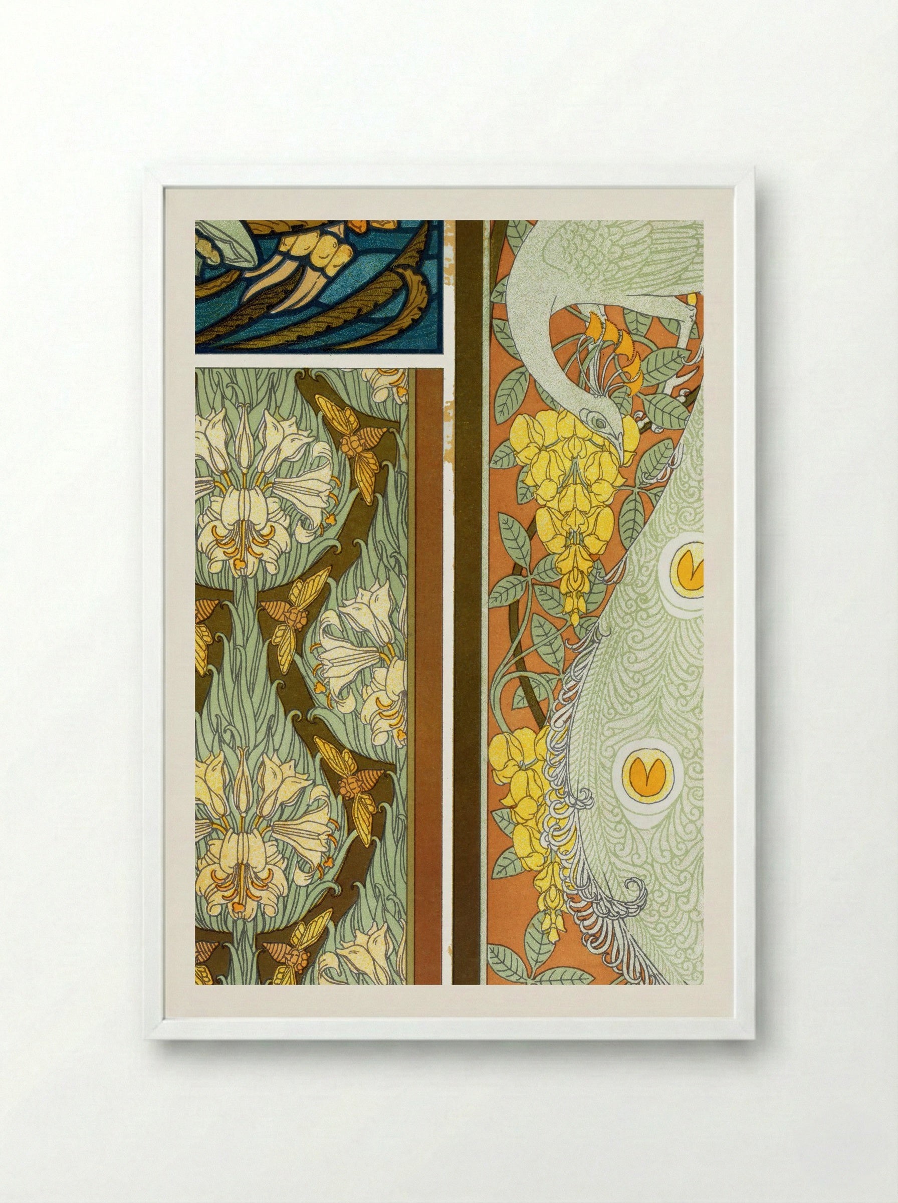 Meduses et Algues, Vitrail. Cigales et Lis, Paons et Cytise, Bordures (Plate 17 from L'animal dans la décoration) - Maurice Pillard Verneuil - Framed Print White