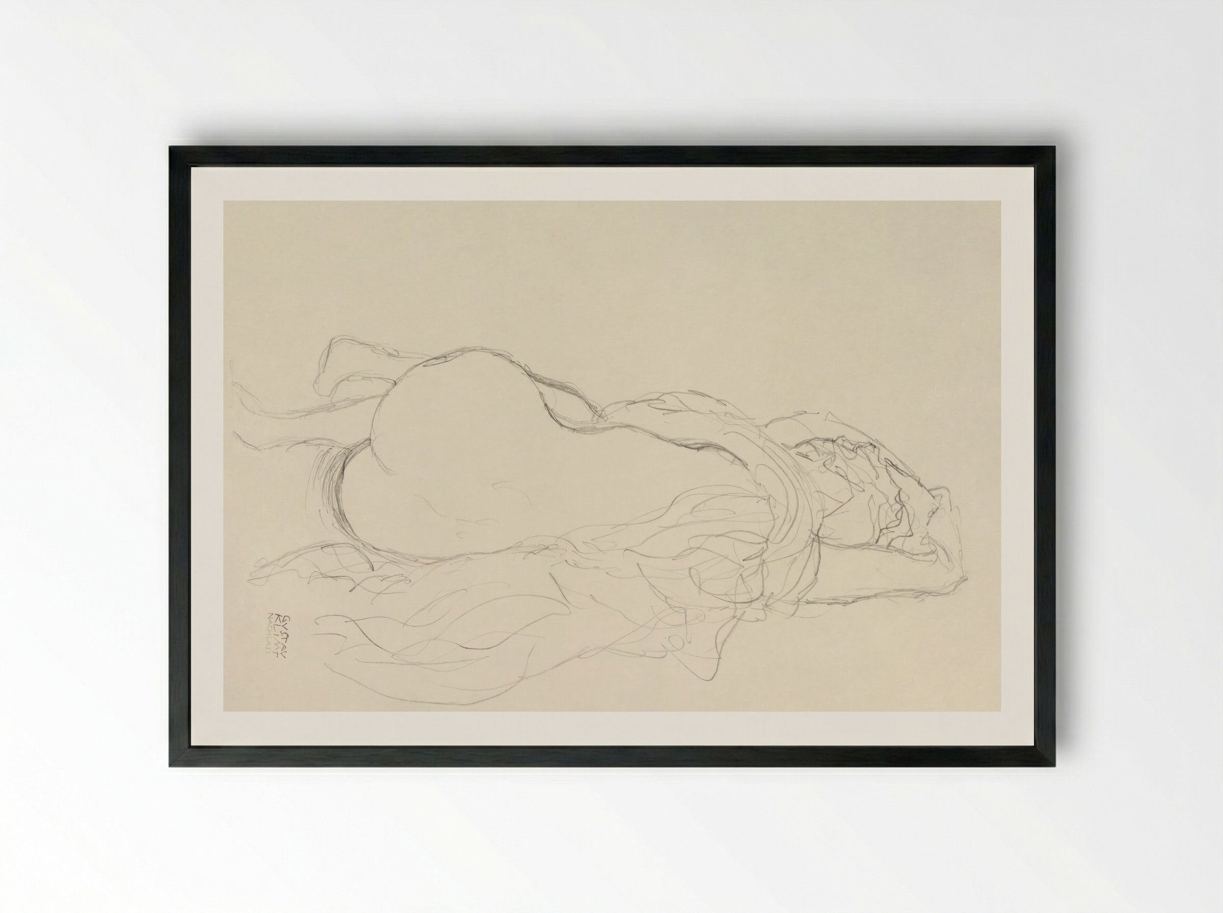 Reclining Nude with Drapery, Back View - Gustav Klimt - Framed Print Black
