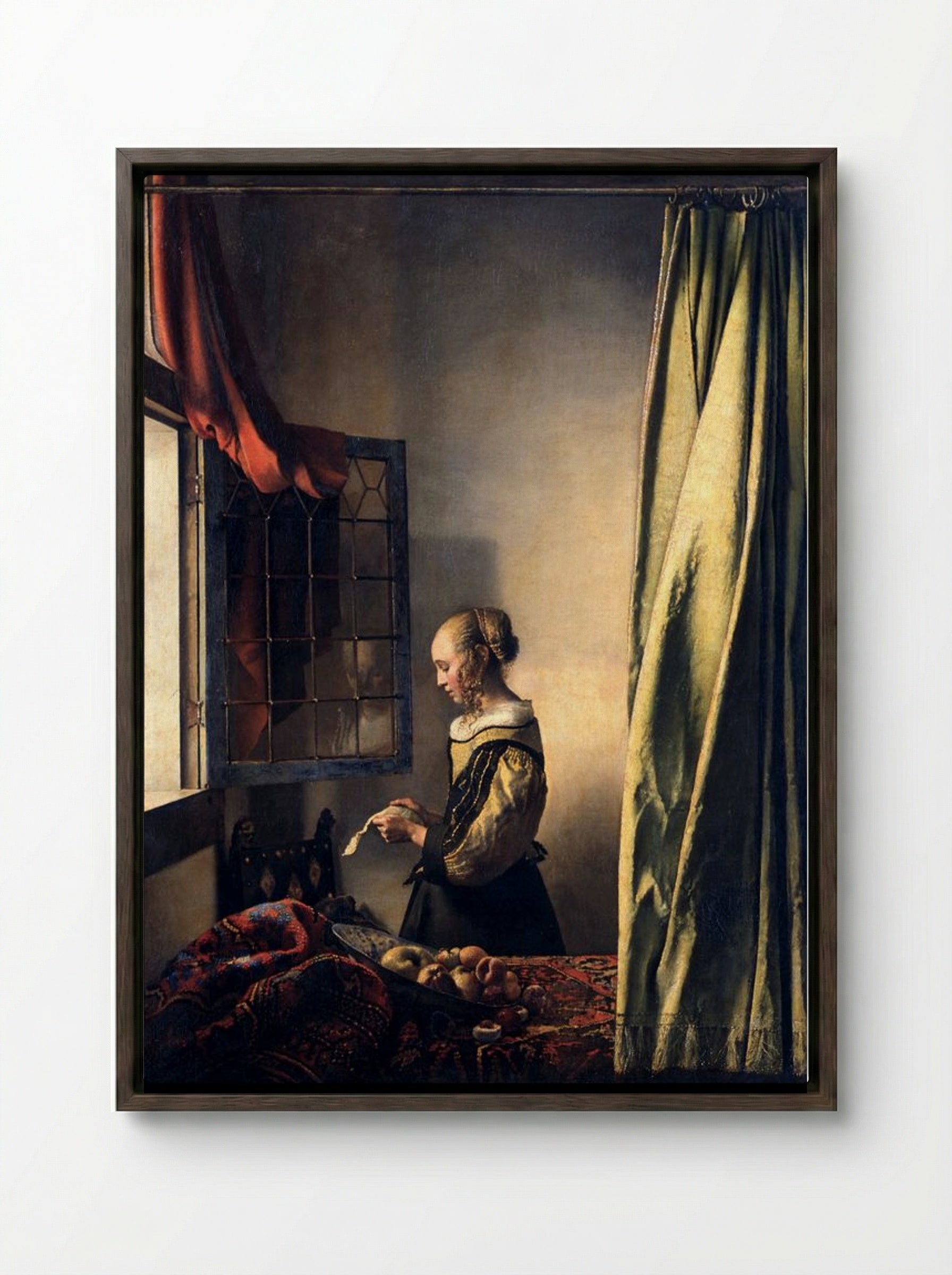Girl Reading a Letter by an Open Window - Johannes Vermeer - Framed Canvas Dark Wood