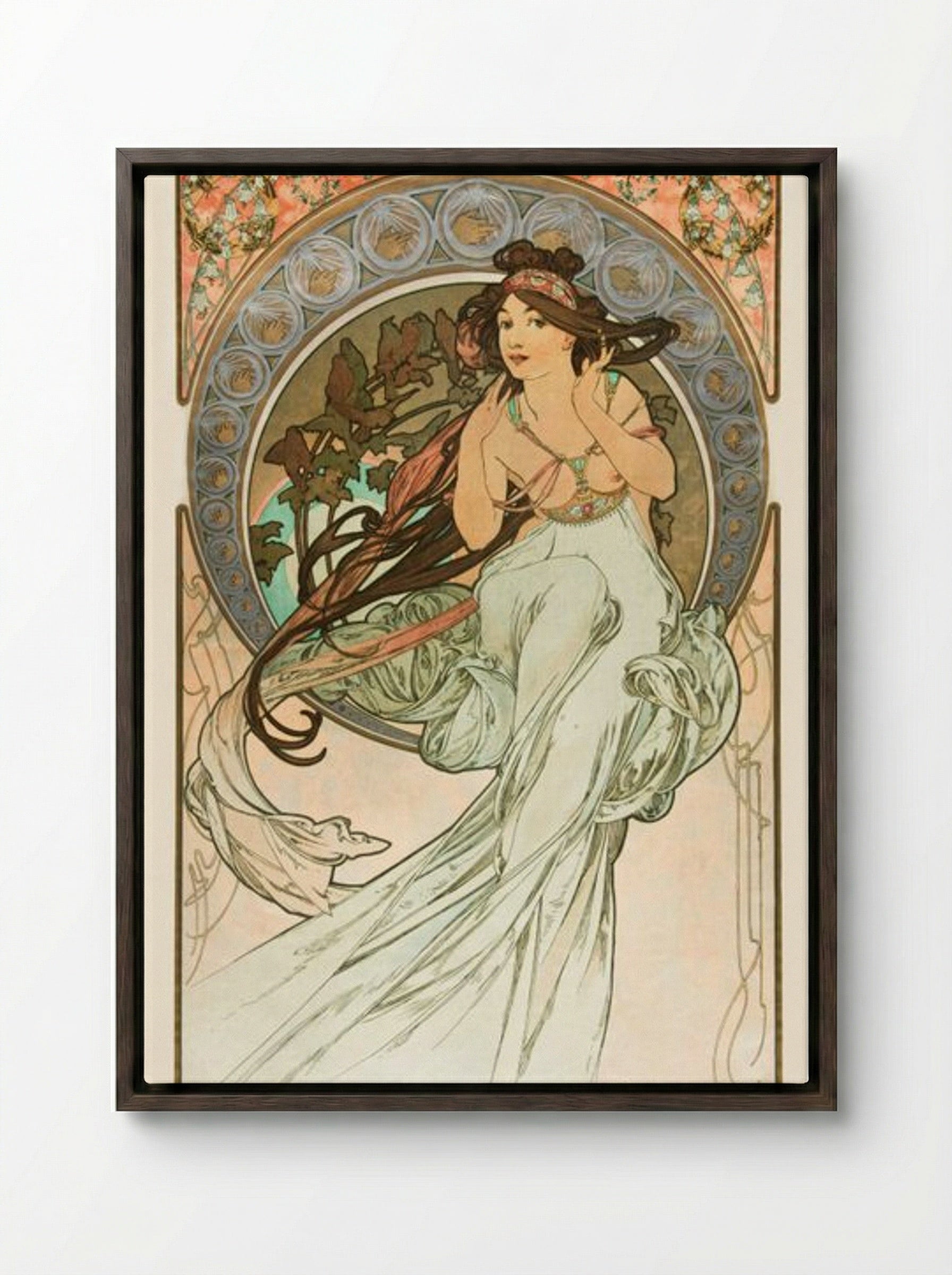 Music, from 'Les Arts' - Alphonse Mucha - Framed Canvas Dark Wood