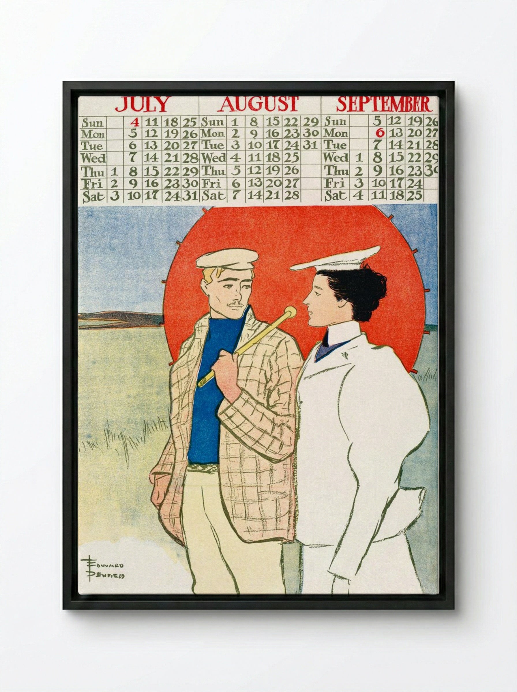 July, August, September - Vintage Calendar - Edward Penfield - Framed Canvas Black