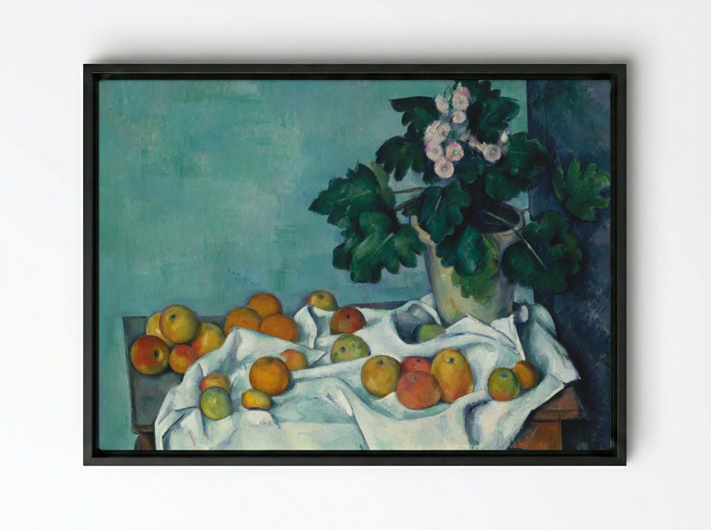 Still Life with Apples and a Pot of Primroses - Paul Cézanne - Framed Canvas Black