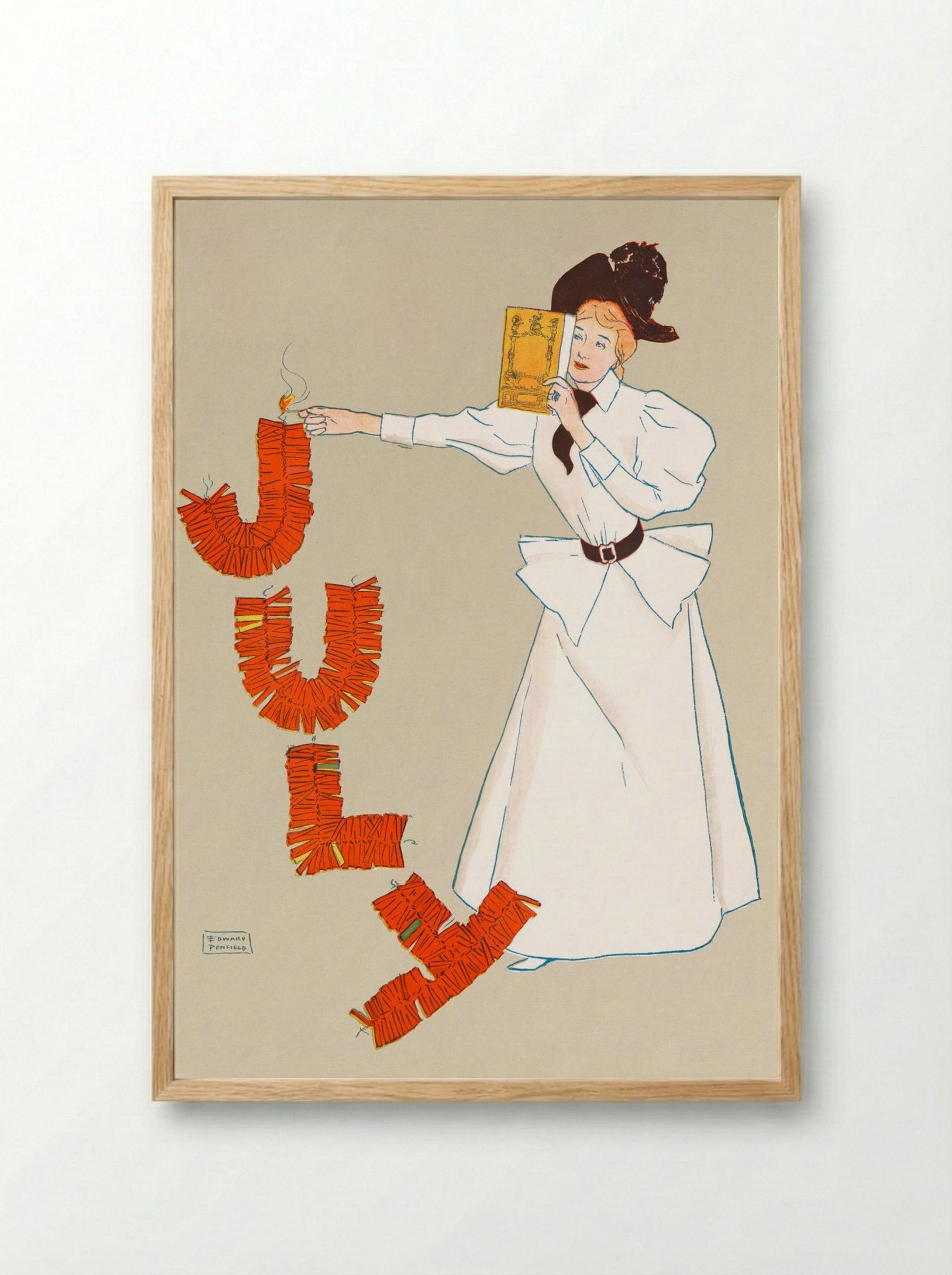 Woman Lighting Up Firecrackers - Edward Penfield - Framed Print Wood