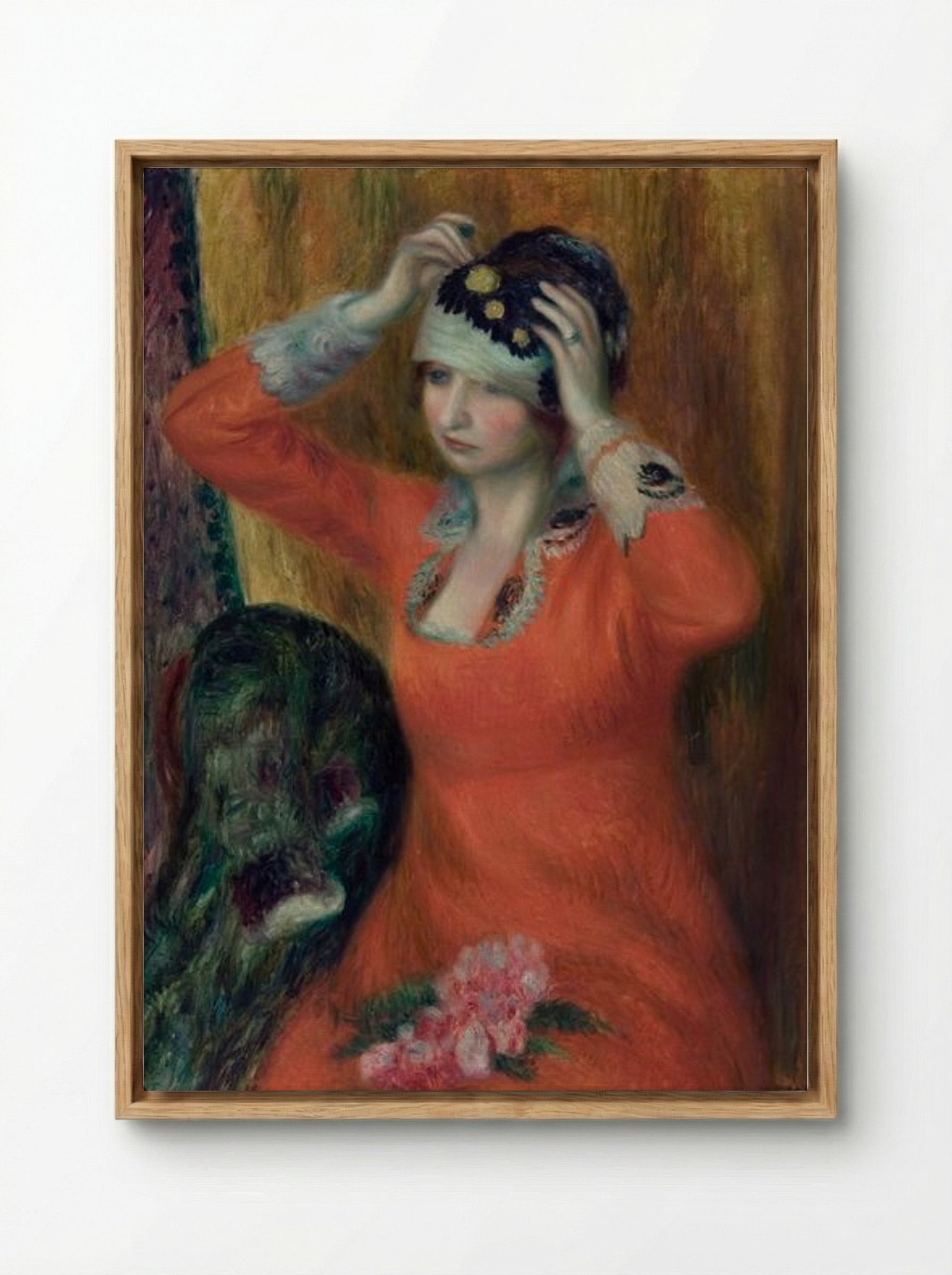 Girl in Red Dress Pinning on Hat - William James Glackens - Framed Canvas Wood