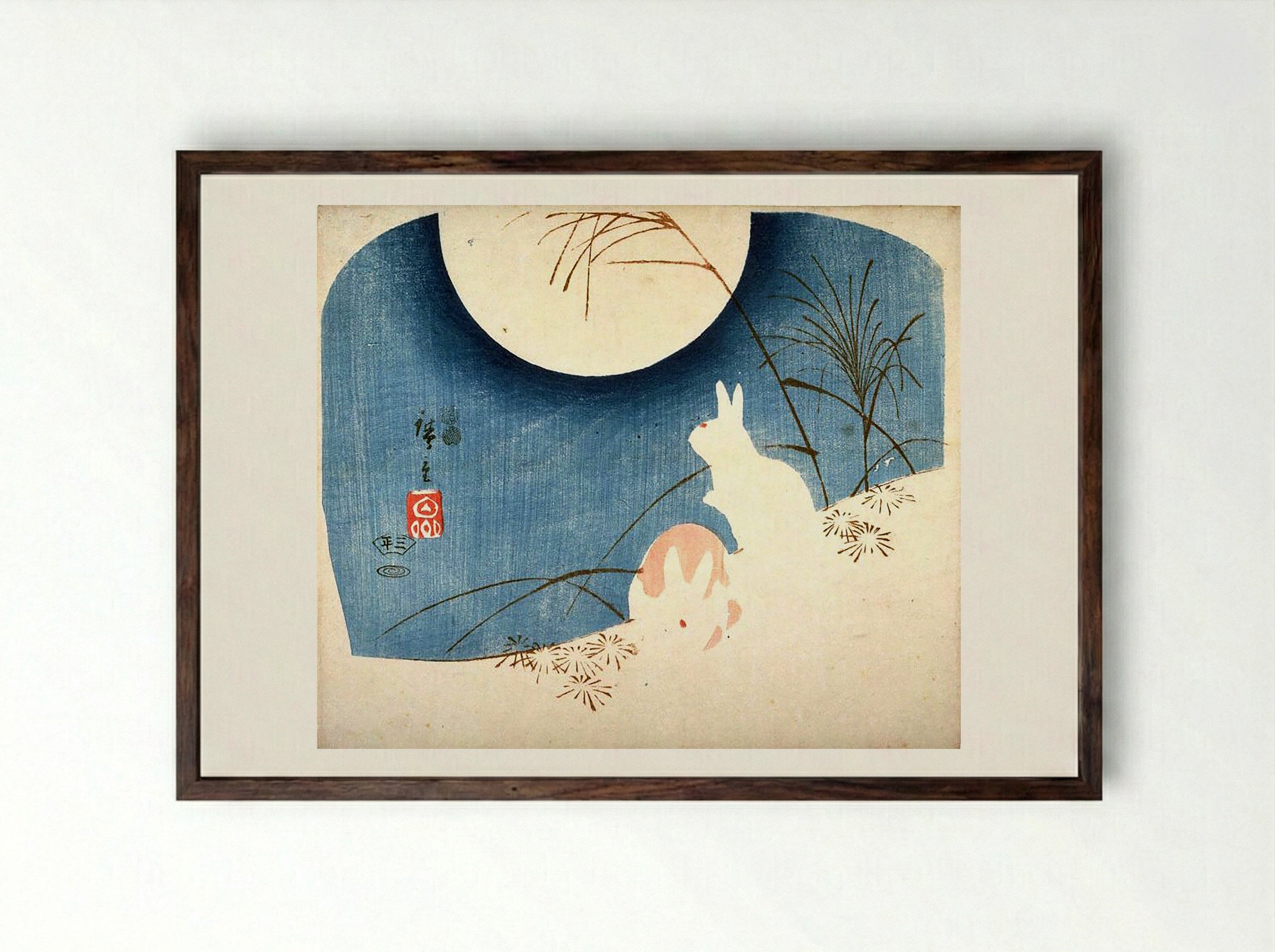 Untitled (Two Rabbits, Pampas Grass, and Full Moon) - Fine Art Print - Framed Print Dark Wood