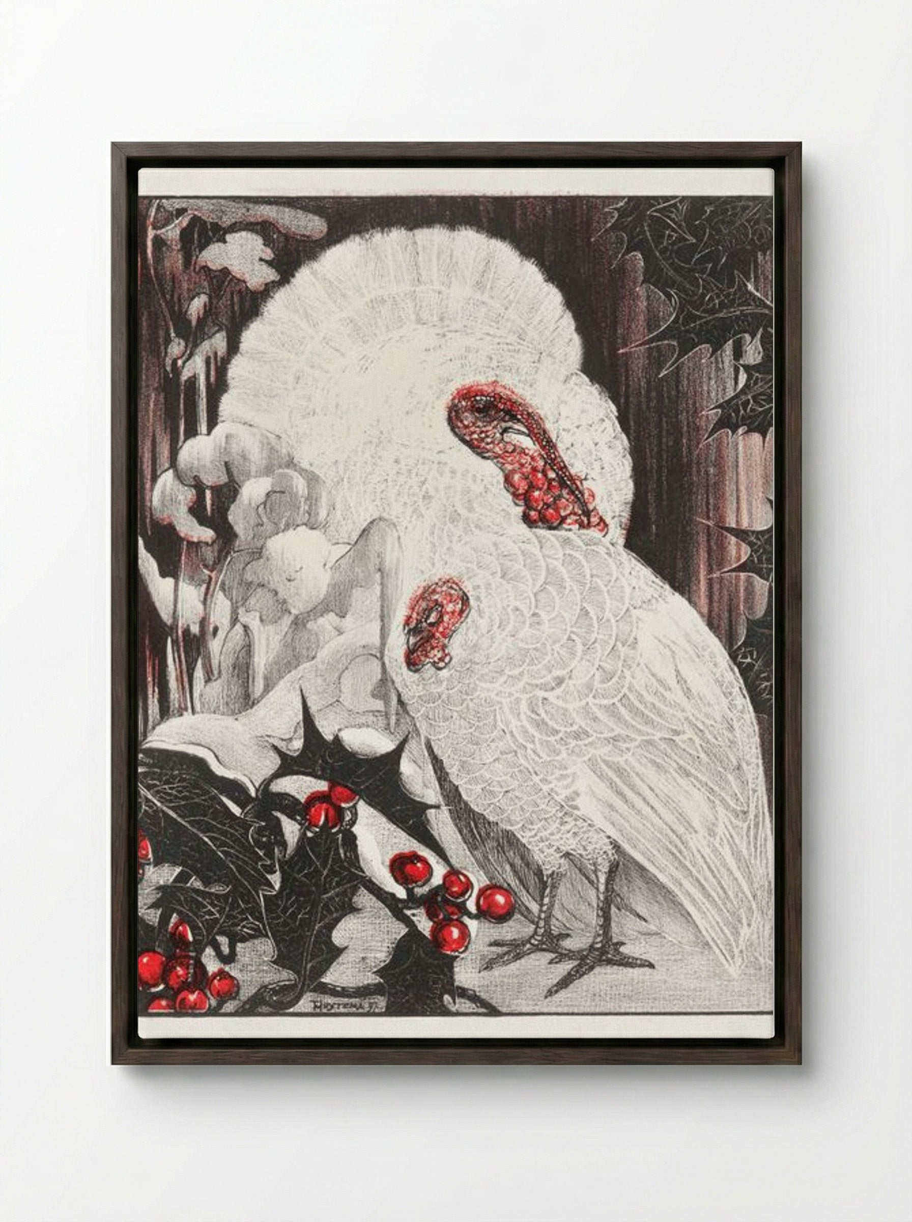 Two White Turkeys with Holly Branches in the Snow - Theo van Hoytema - Framed Canvas Dark Wood