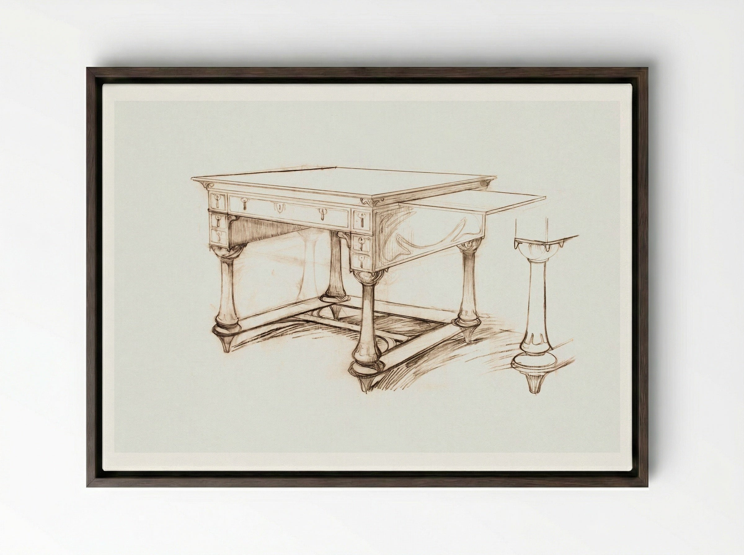 Project of an Office Table - Alphonse Mucha - Framed Canvas Dark Wood