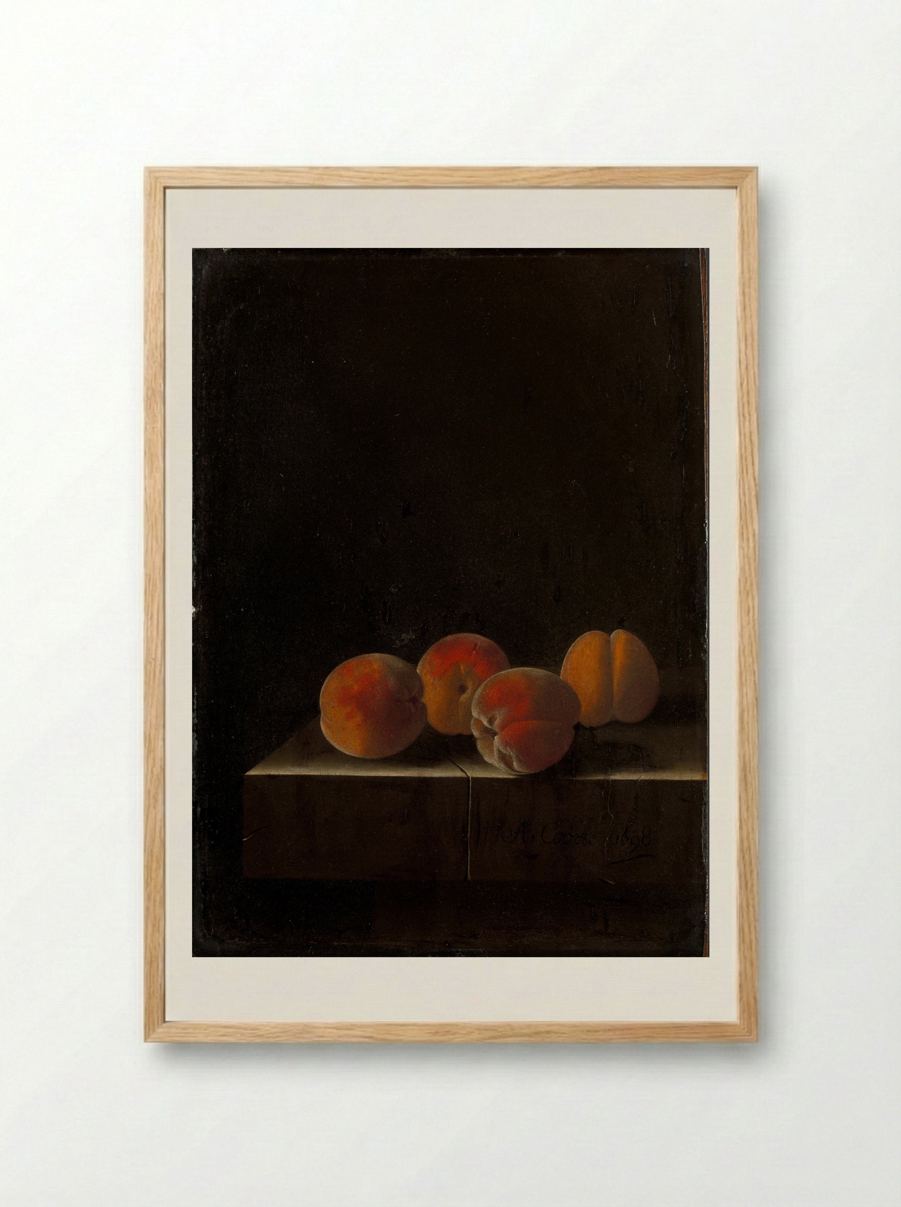 Four Apricots on a Stone Plinth - Adriaen Coorte - Framed Print Wood
