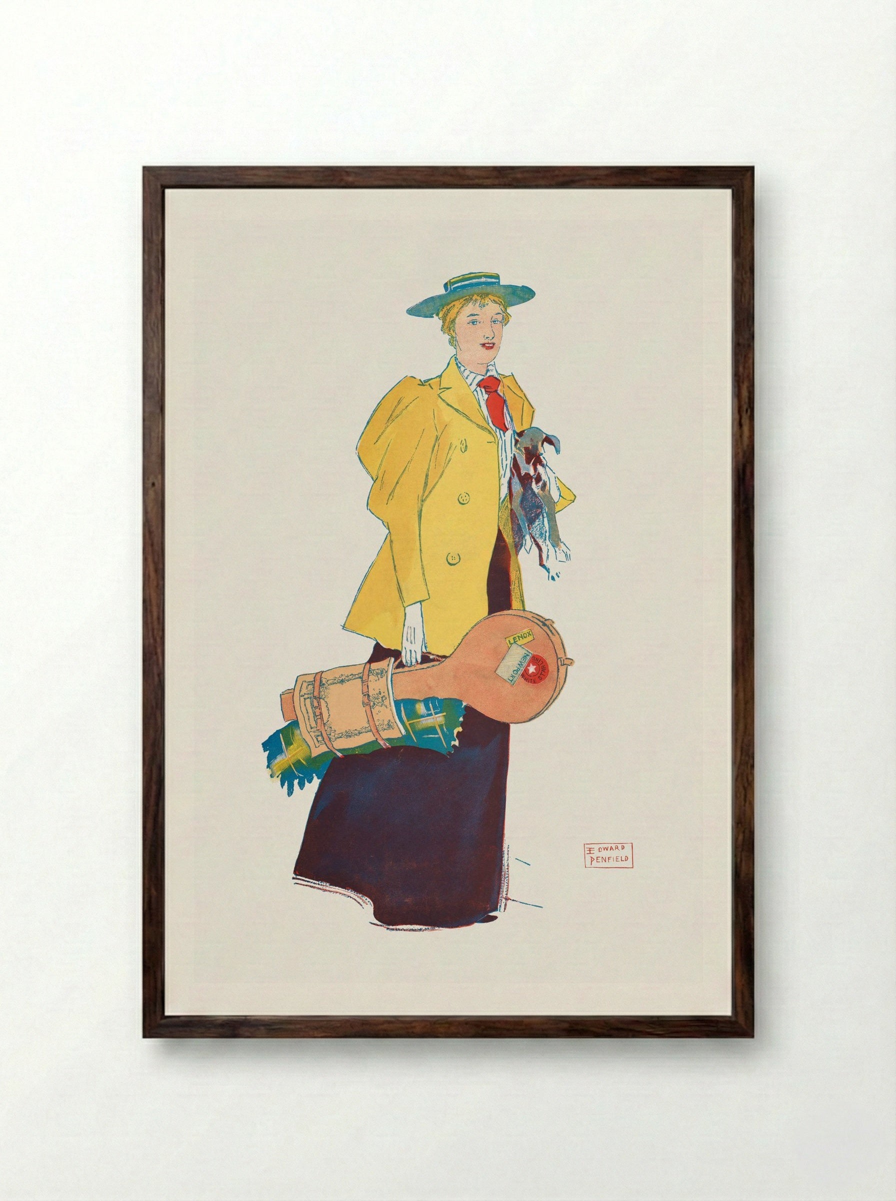Woman Holding Dog and Luggage - Edward Penfield - Framed Print Dark Wood