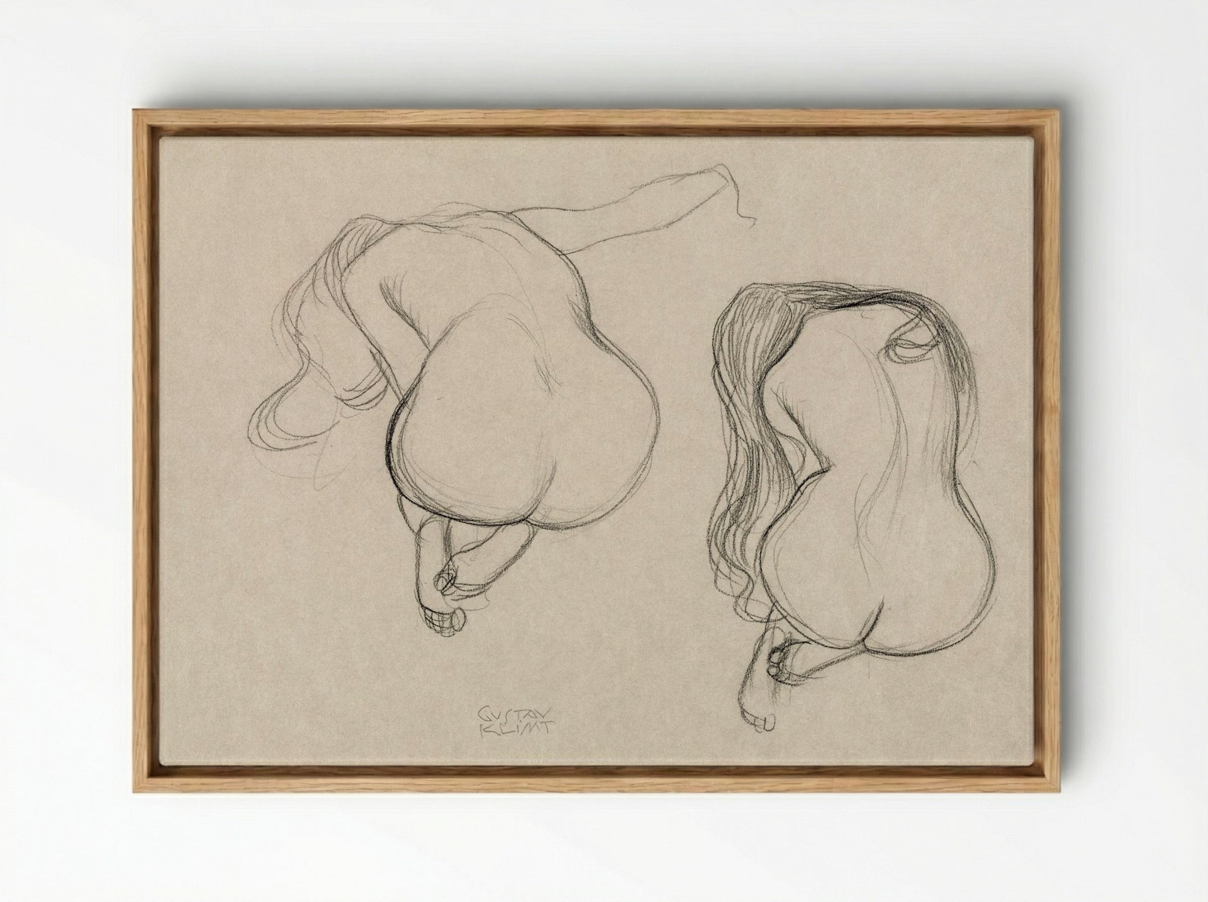 Two Studies of a Seated Nude with Long Hair - Gustav Klimt - Framed Canvas Wood