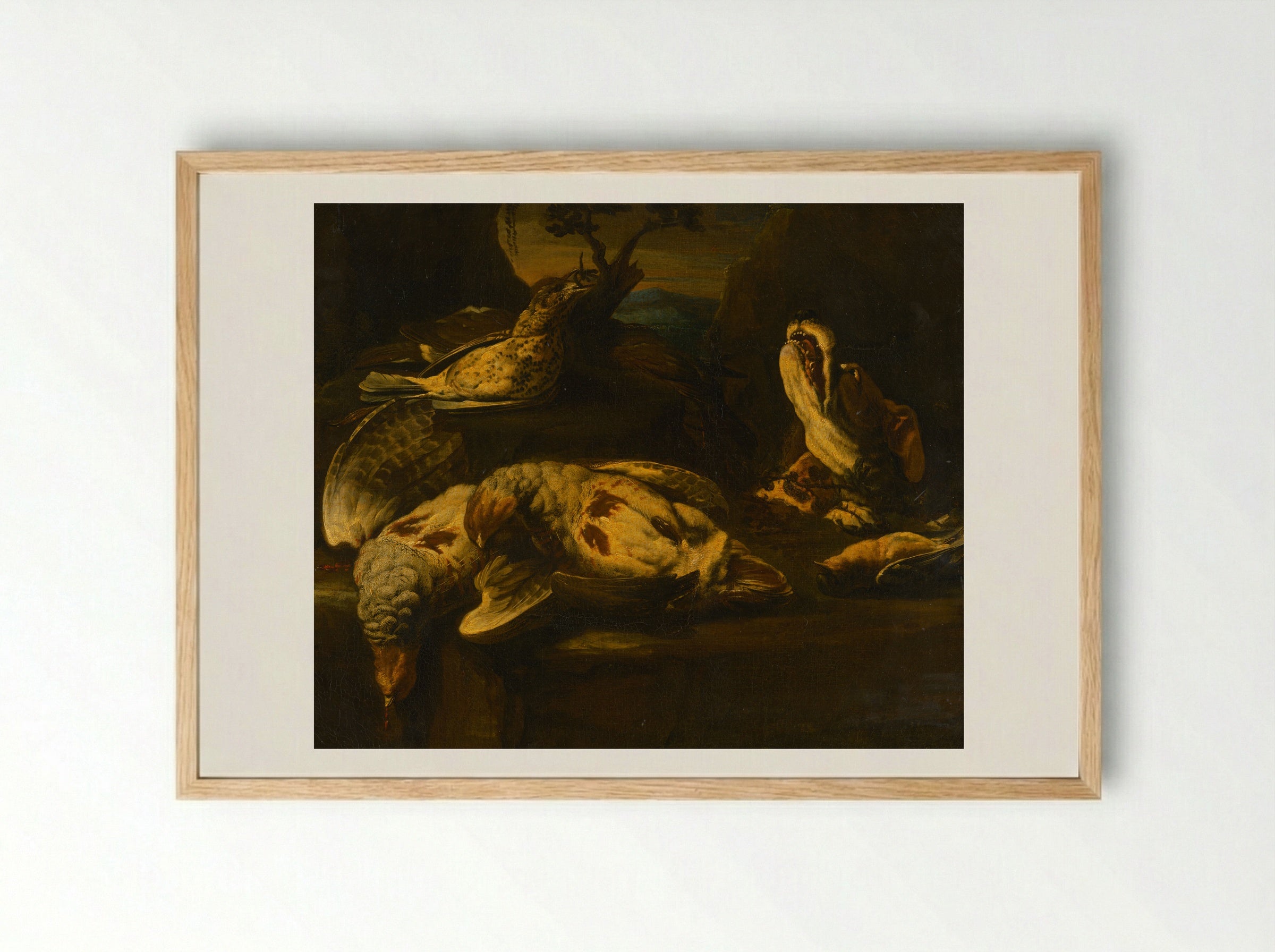 Hunting Still Life with Birds and Dog - Fine Art Print - Framed Print Wood