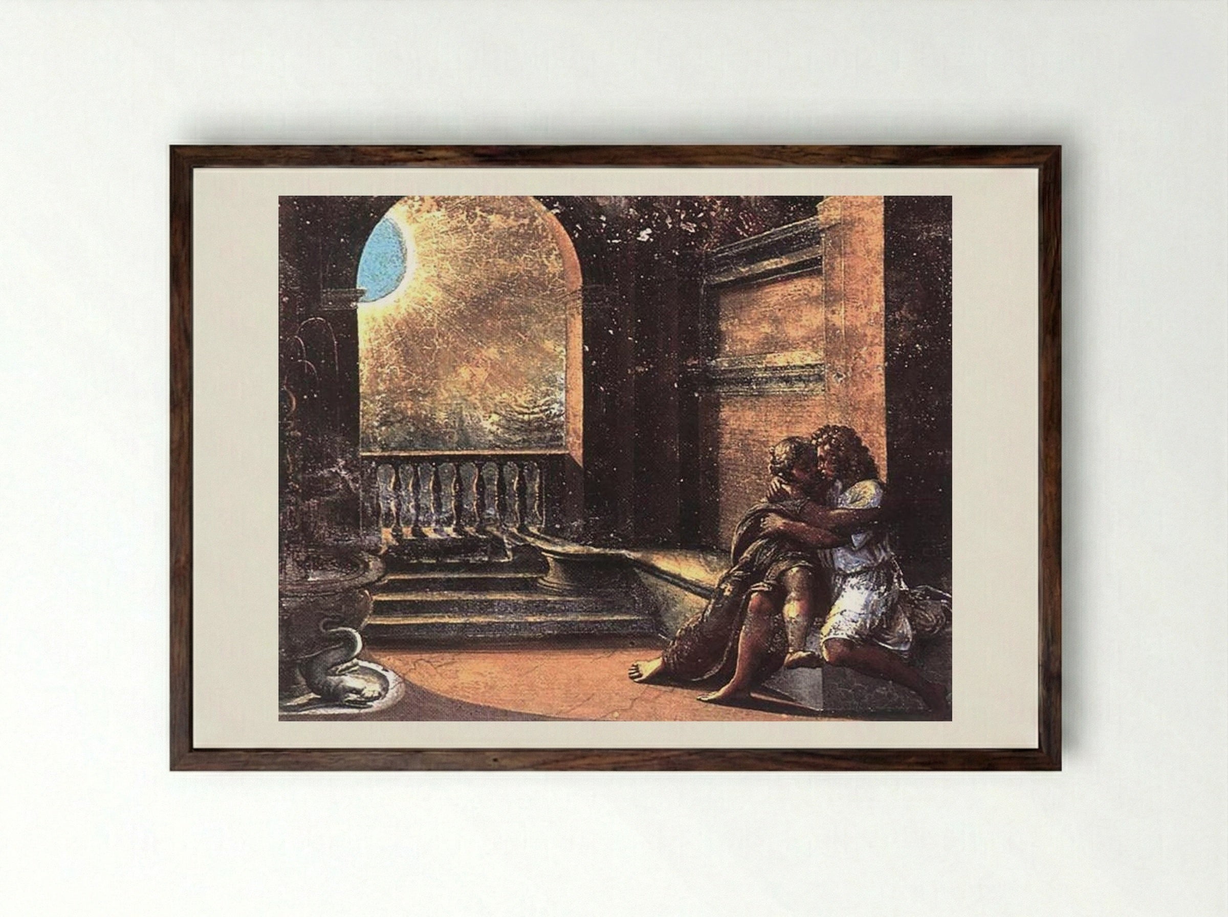 Isaac and Rebecca Spied upon by Abimelech - Raphael - Framed Print Dark Wood