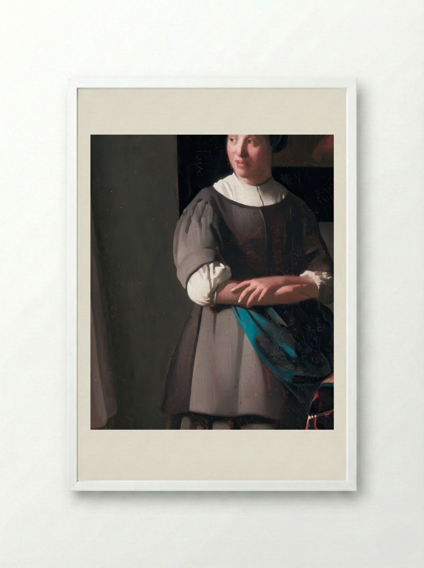 Lady Writing a Letter with her Maid - Johannes Vermeer - Framed Print White