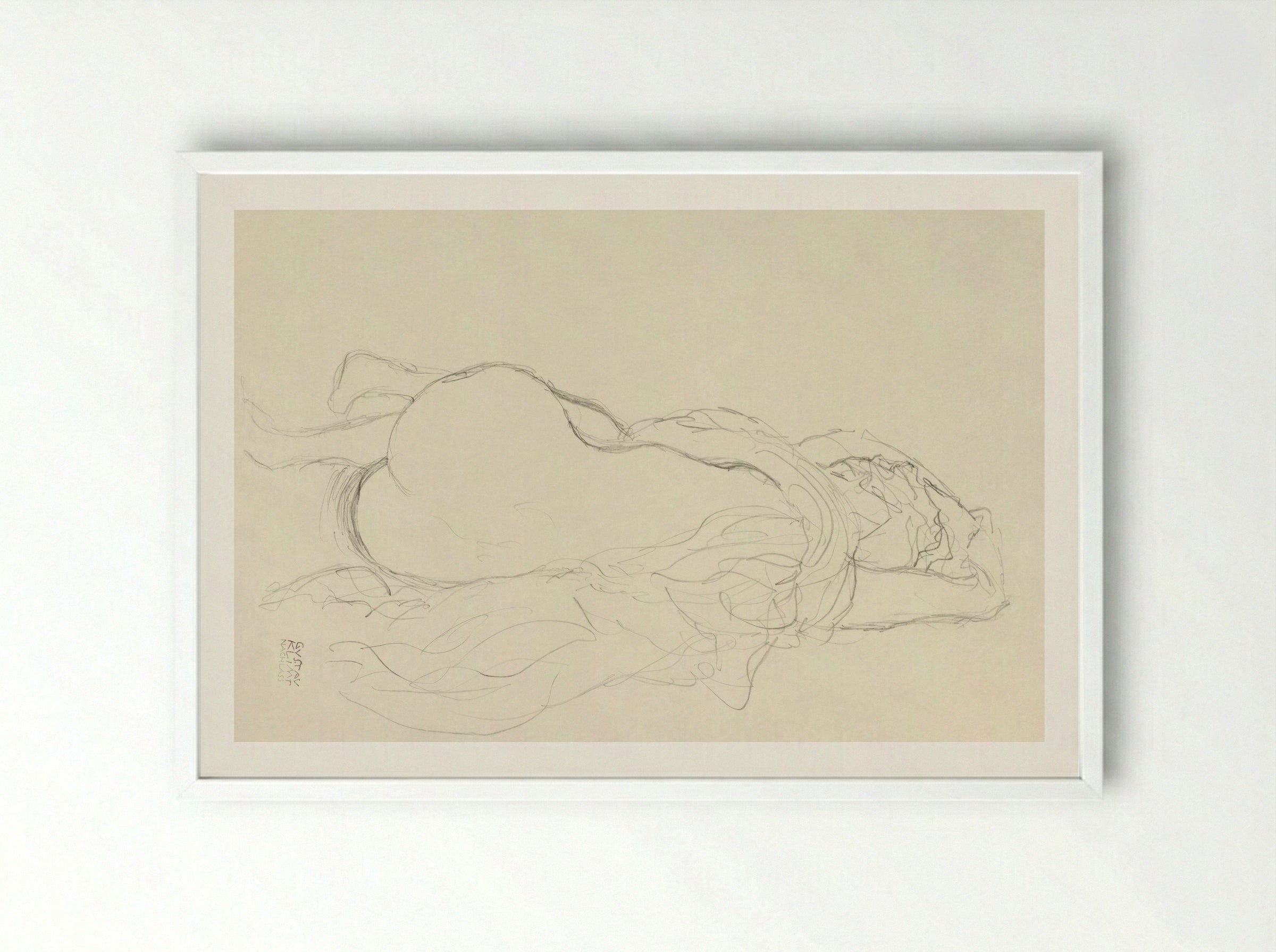 Reclining Nude with Drapery, Back View - Gustav Klimt - Framed Print White