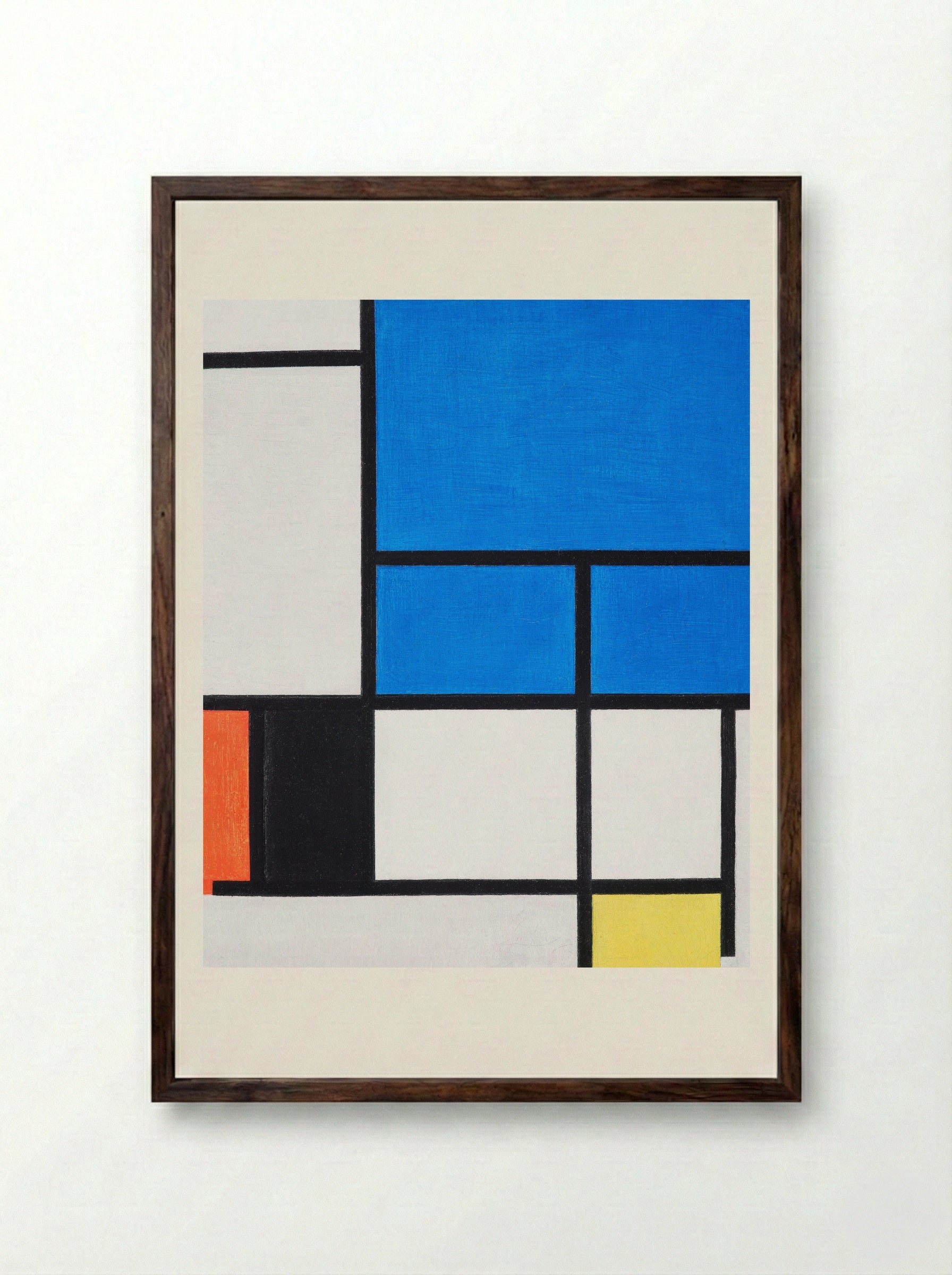 Composition with Large Blue Plane, Red, Black, Yellow, and Gray - Piet Mondrian - Framed Print Dark Wood
