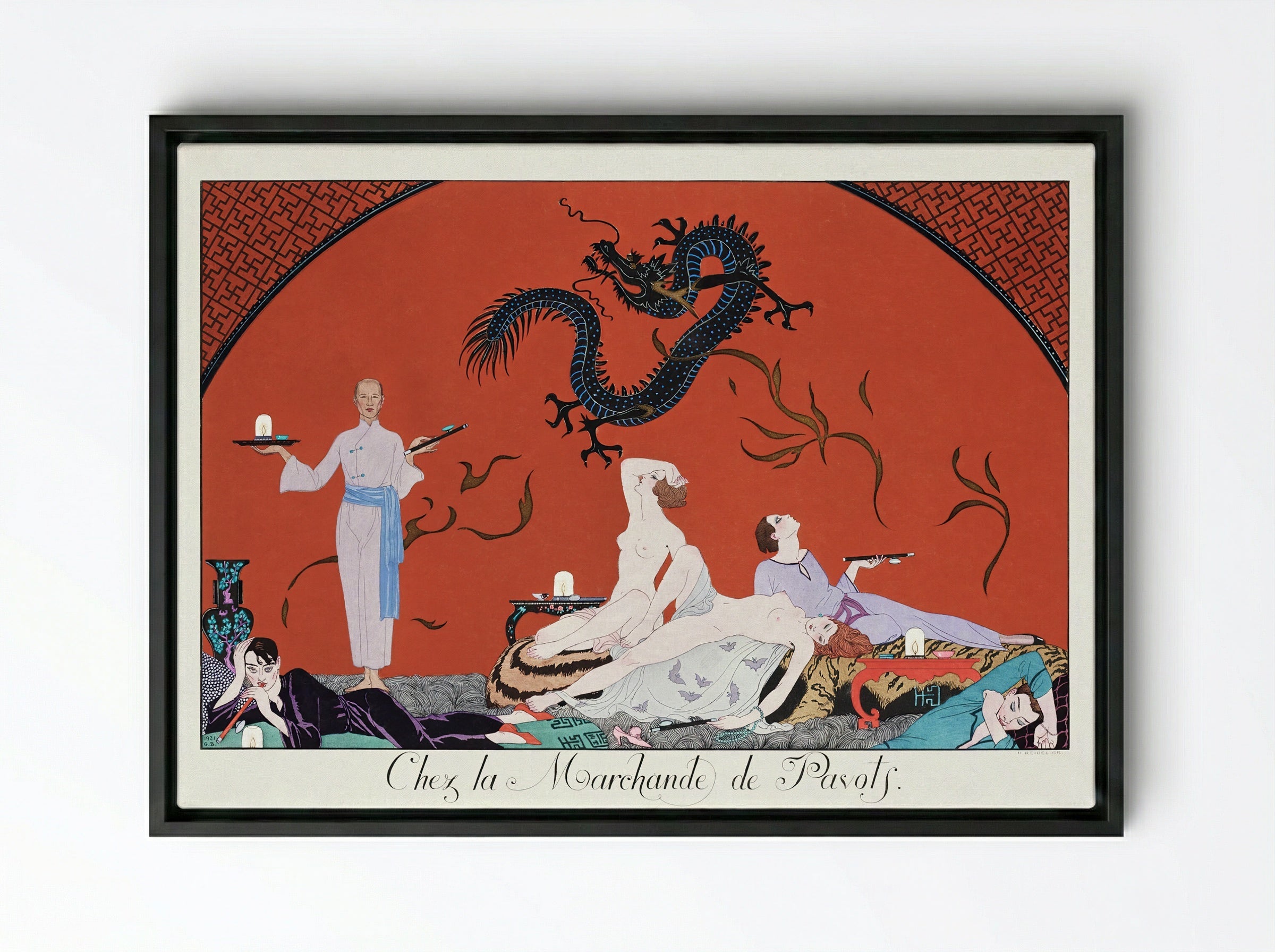 Chez la Marchande de Pavots - George Barbier - Framed Canvas Black