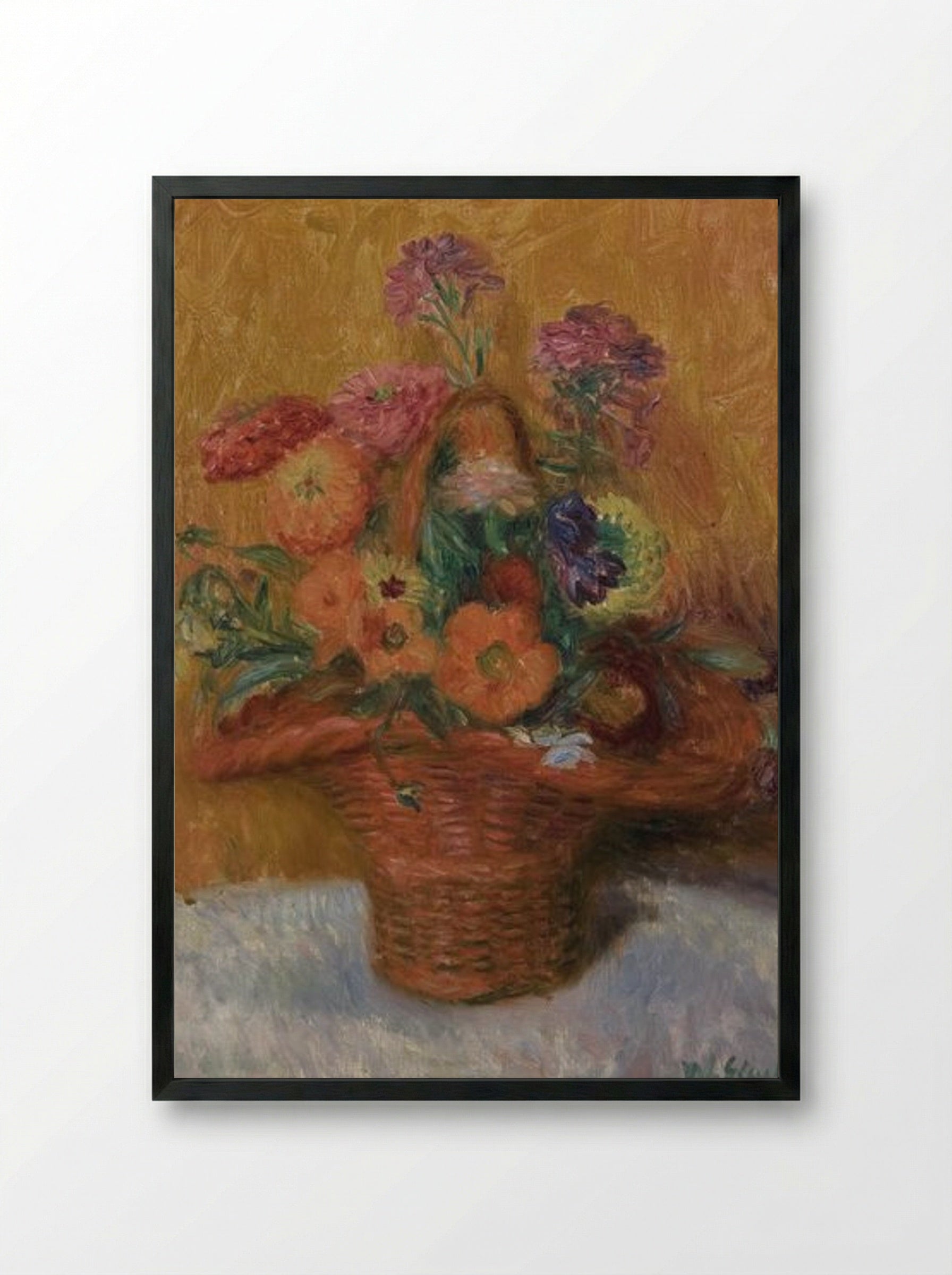 Red Basket of Zinnias - William James Glackens - Framed Print Black