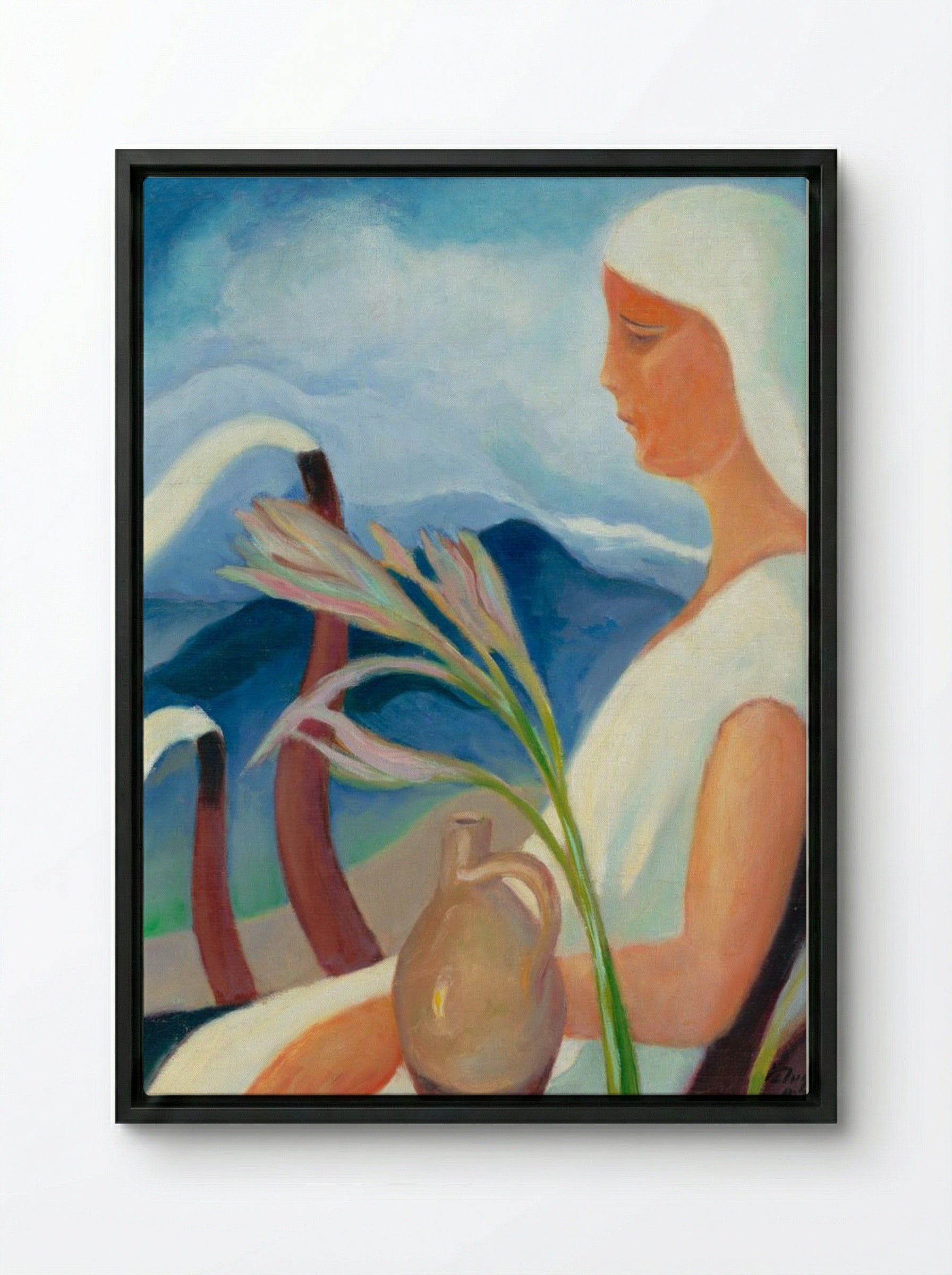 Girl in White with Factory Chimneys and Flowers - Zolo Palugyay - Framed Canvas Black
