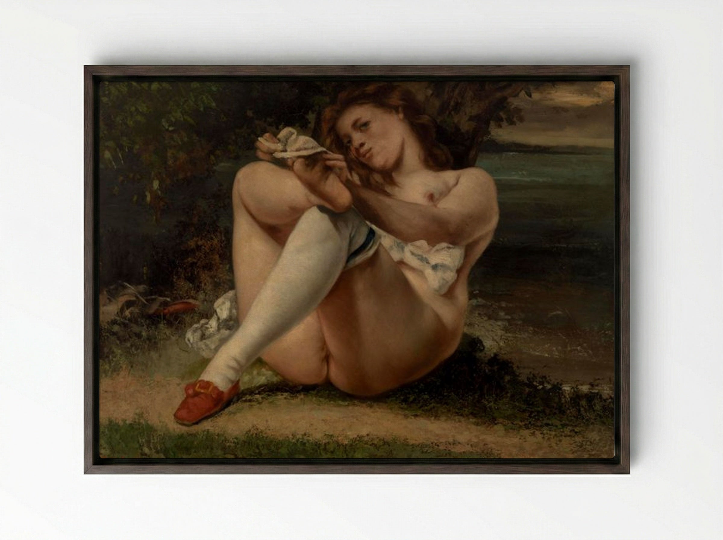 Woman with White Stockings (La Femme aux bas blancs) - Gustave Courbet - Framed Canvas Dark Wood