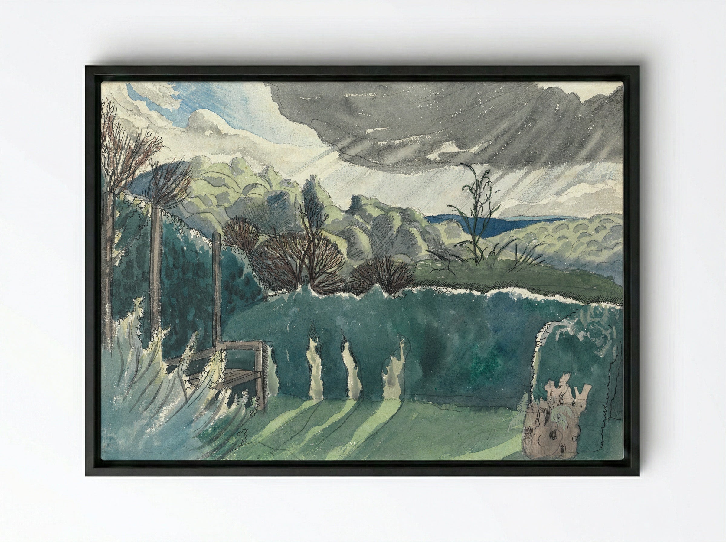 Landscape with Hedge and Distant Hills - Paul Nash - Framed Canvas Black