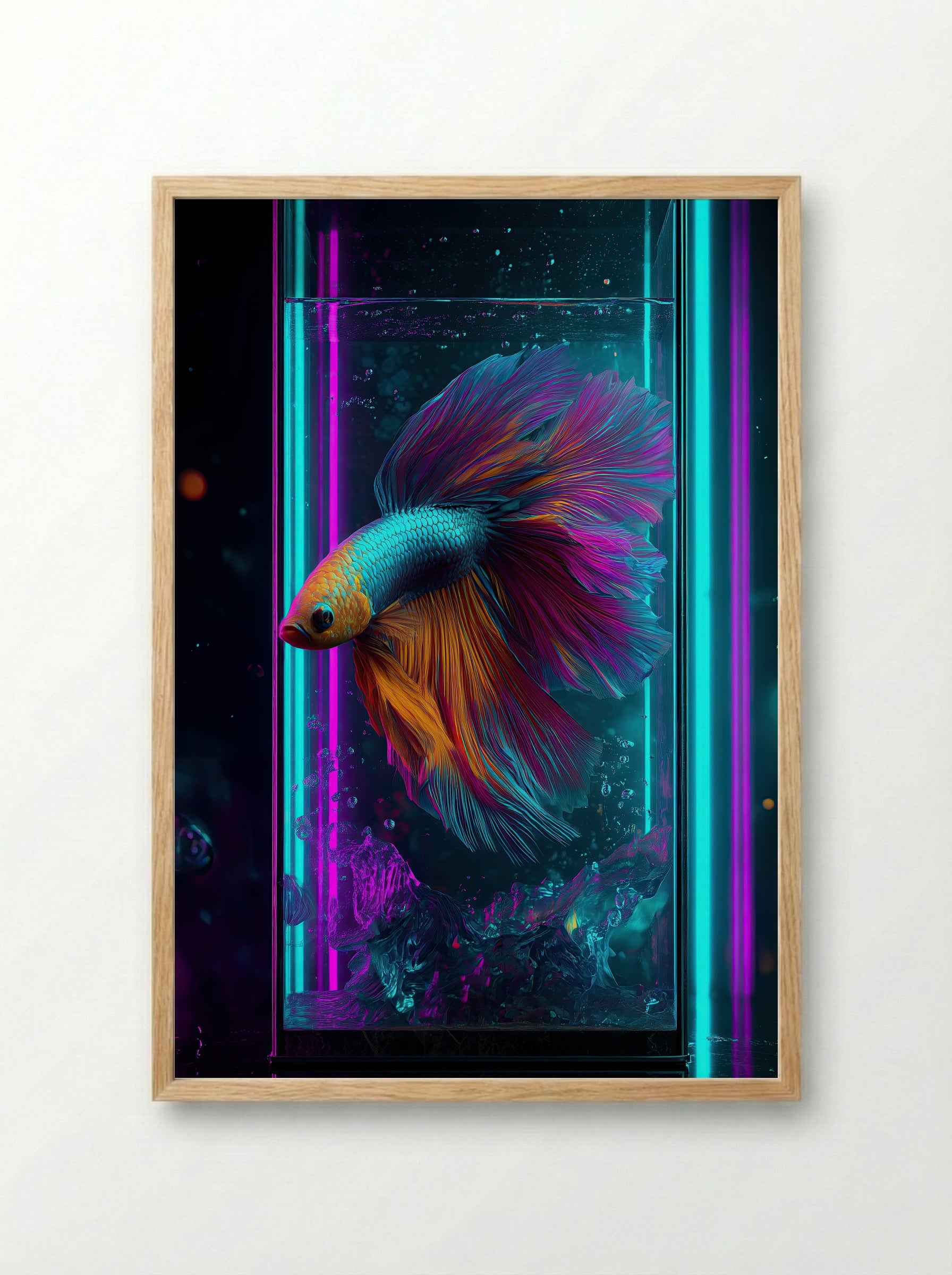 Neon Betta No.2 – Electric Blue Betta in Chromatic Tank - Framed Print Wood
