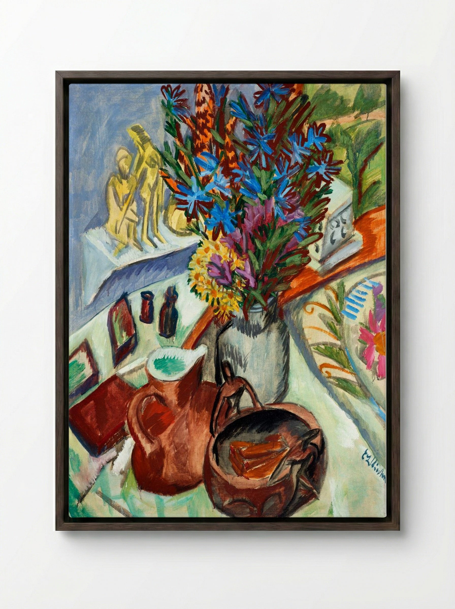 Still Life with Jug and African Bowl - Ernst Ludwig Kirchner - Framed Canvas Dark Wood