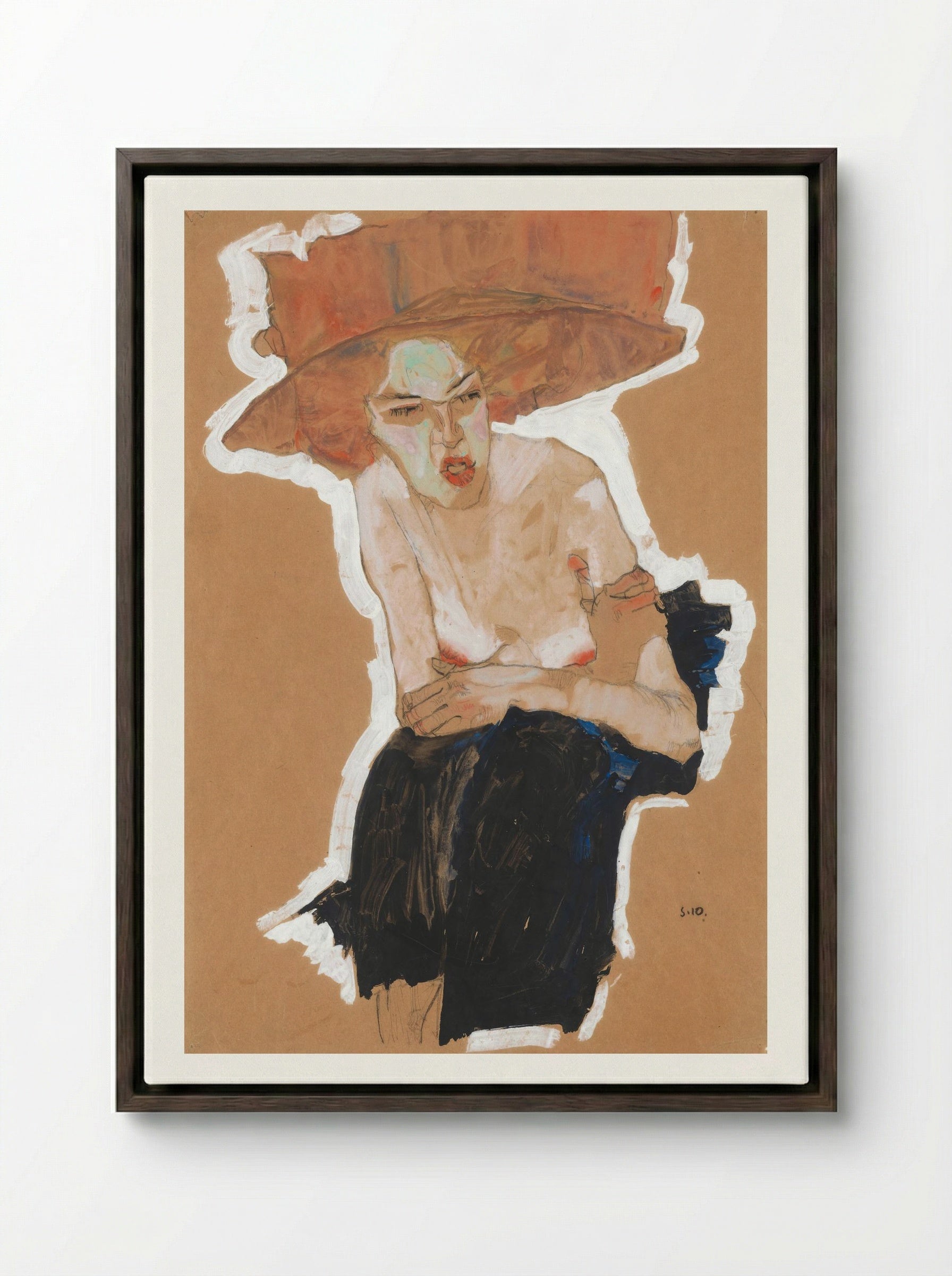 Die Heimische (Woman with Hat) - Egon Schiele - Framed Canvas Dark Wood