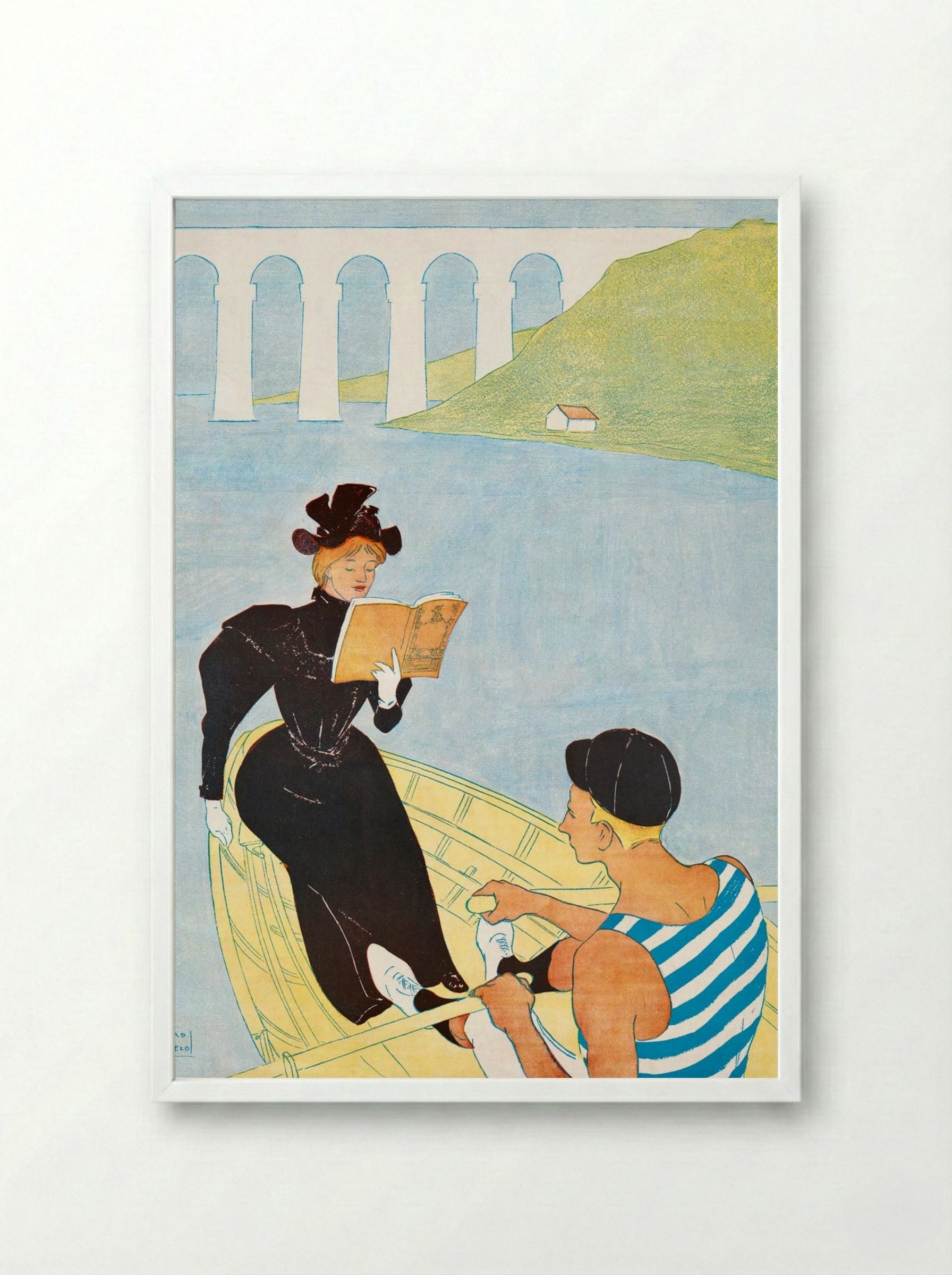Woman Reading in a Row Boat - Edward Penfield - Framed Print White