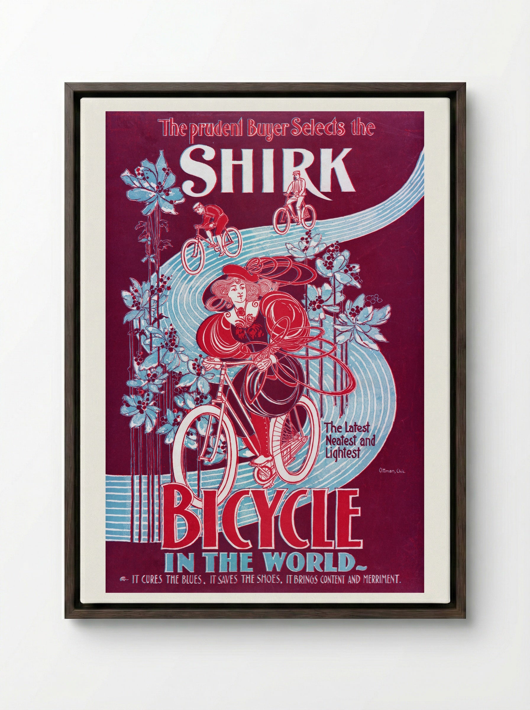 The Prudent Buyer Selects the Shirk Bicycle - Ottmann Lith. Co. - Framed Canvas Dark Wood