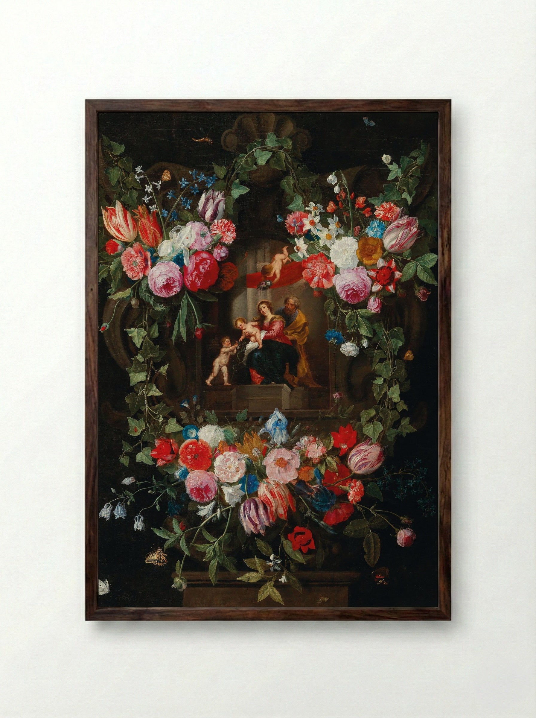 A Wreath of Flowers Surrounding a Cartouche with the Holy Family and Putti - Jan van Kessel the Elder - Framed Print Dark Wood
