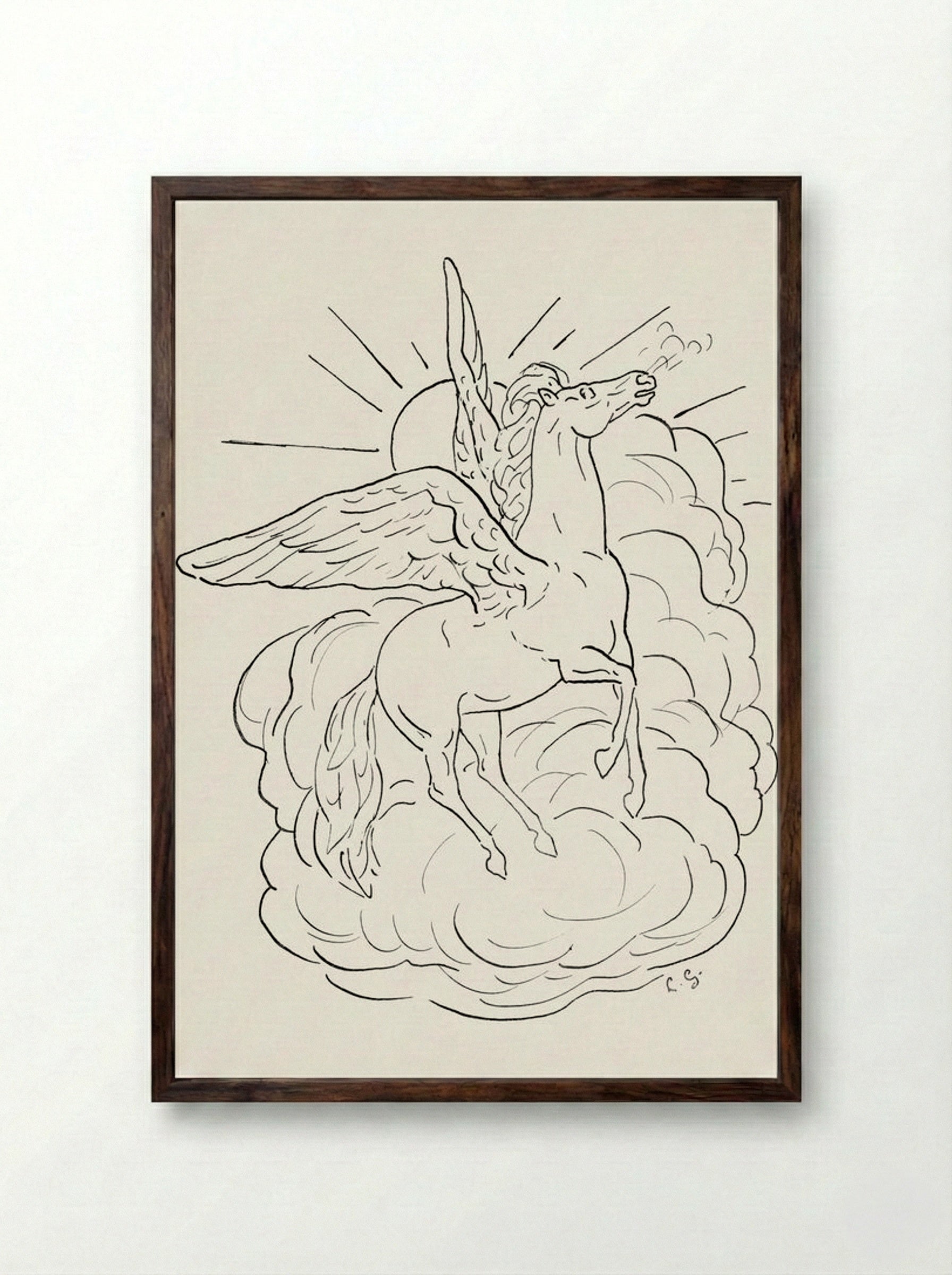 Pegasus Flies in Front of a Cloud - Leo Gestel - Framed Print Dark Wood