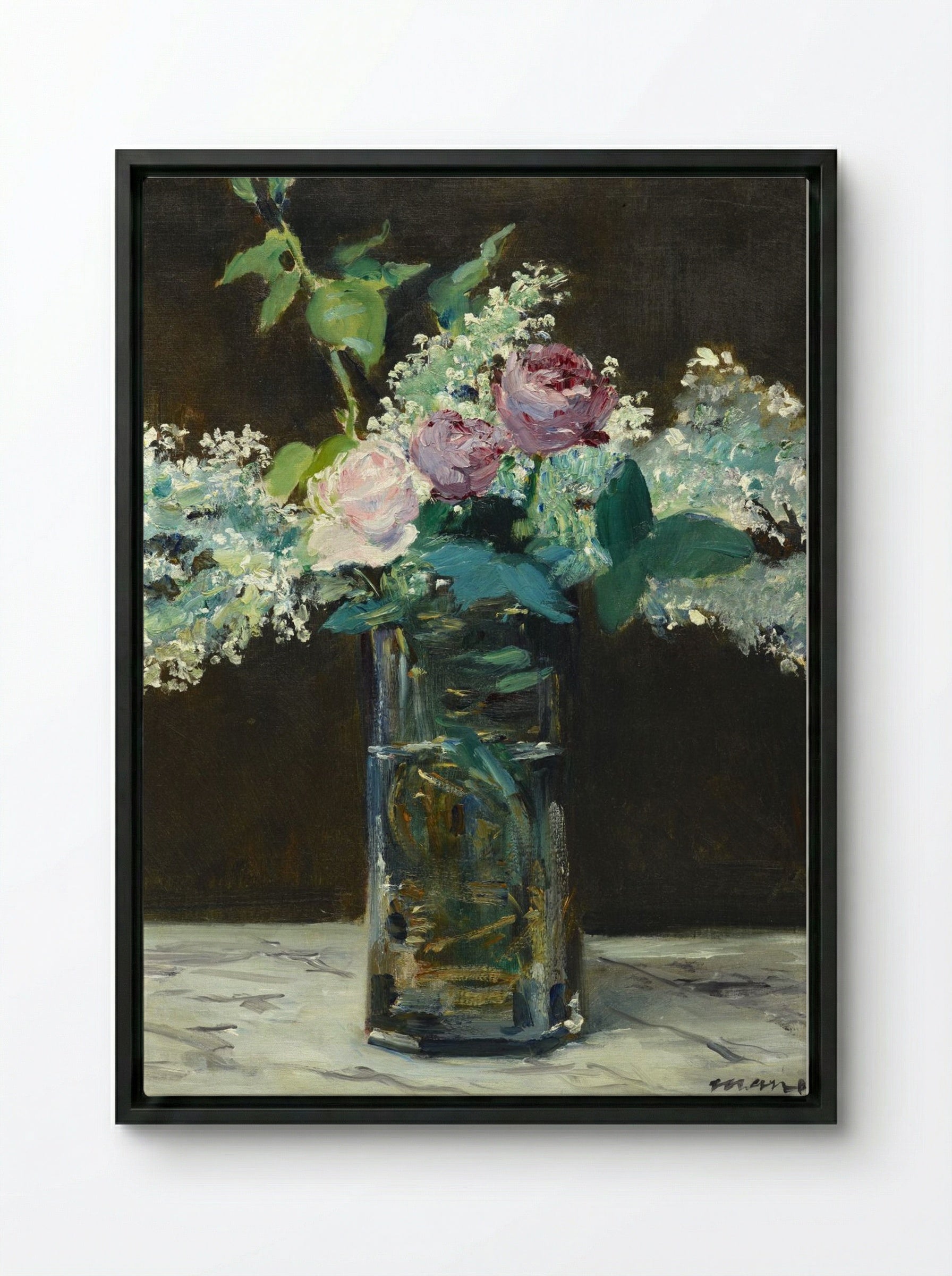 Vase of White Lilacs and Roses - Édouard Manet - Framed Canvas Black