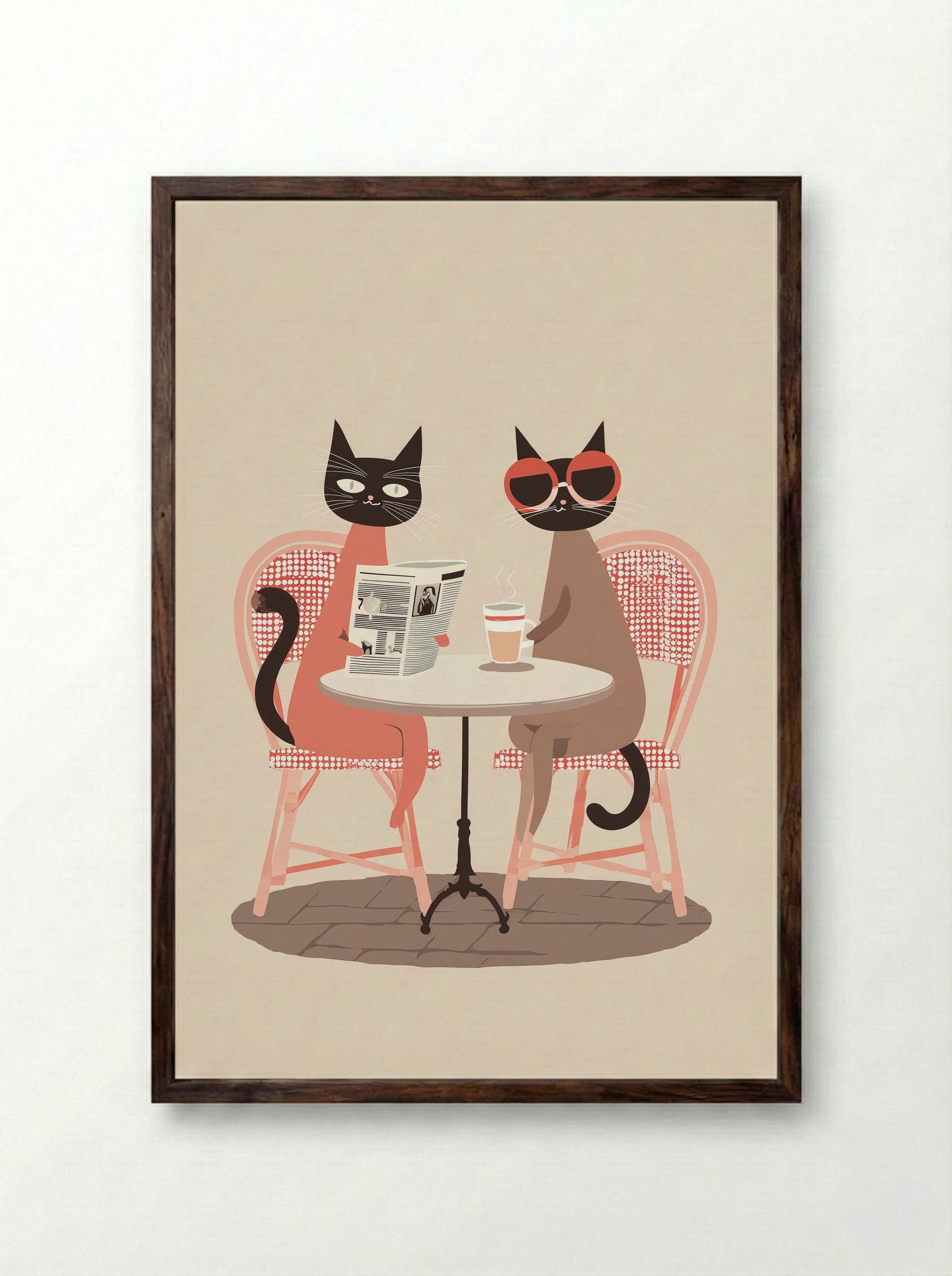 Parisian Cats at Café Pause - Framed Print Dark Wood