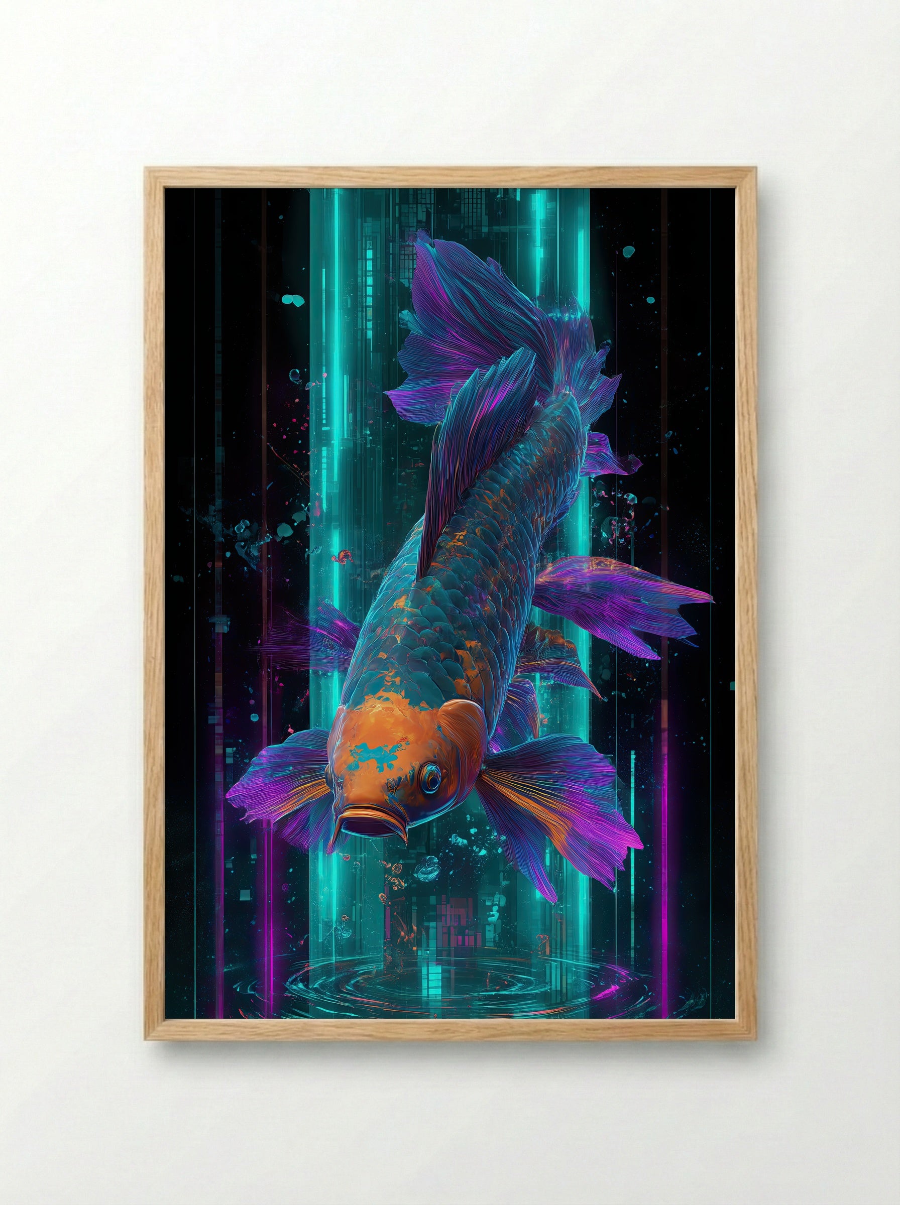 Neon Koi No.1 – Electric Teal & Violet Holographic Print - Framed Print Wood