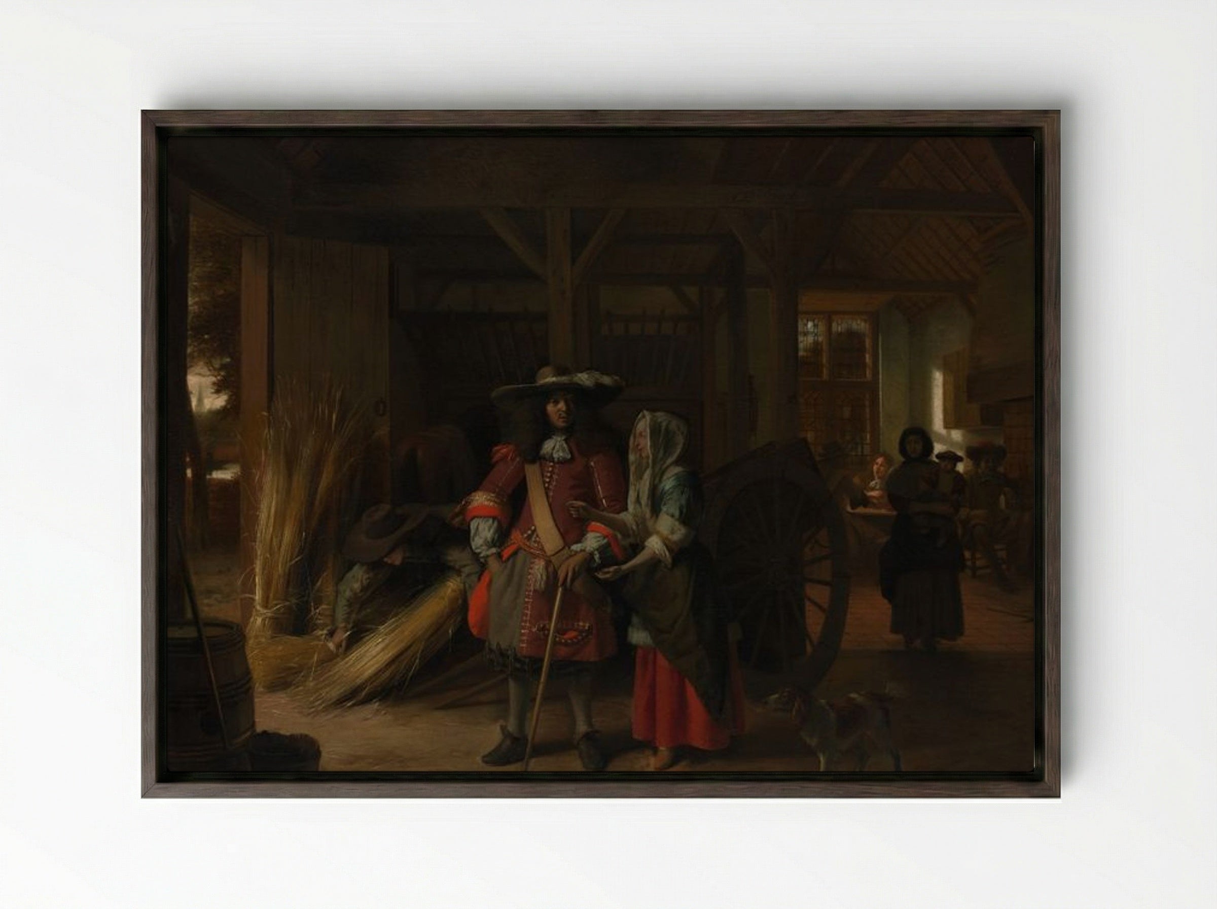 Paying the Hostess - Pieter de Hooch - Framed Canvas Dark Wood