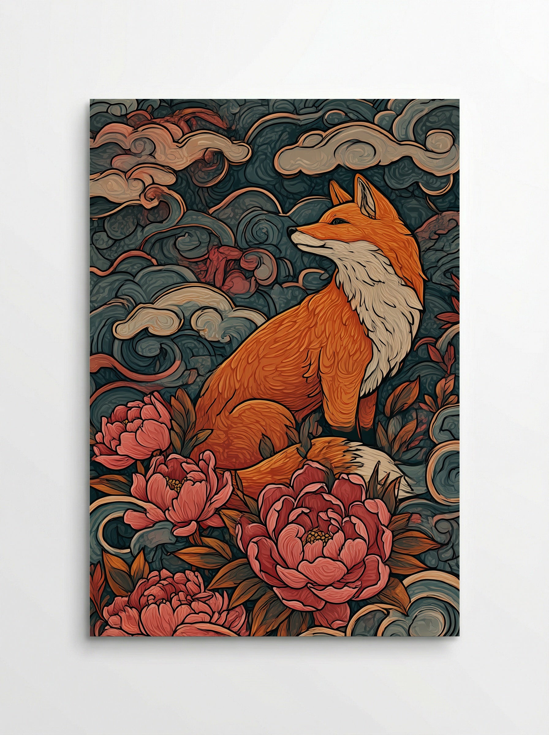 Fox Among Peonies - Japanese Inspired Art Print - Poster