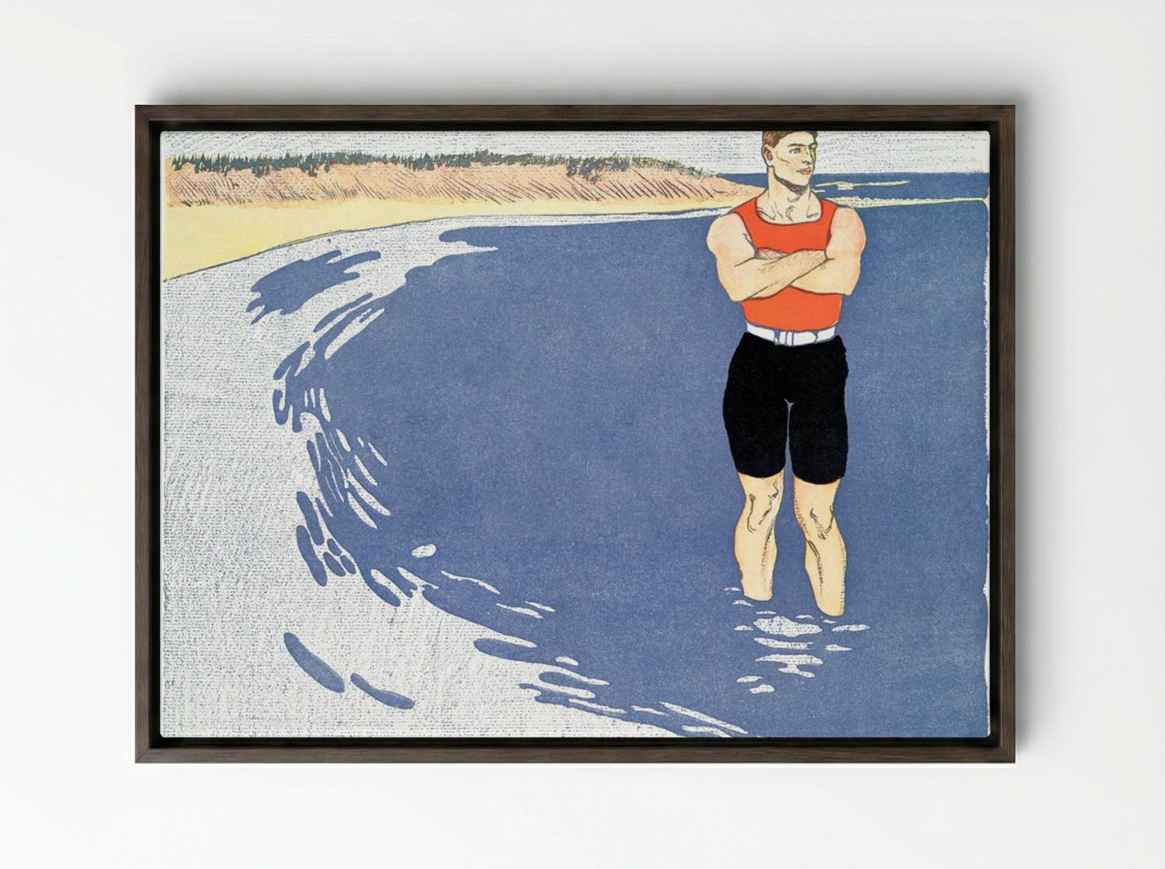 Man Standing in the Sea - Edward Penfield - Framed Canvas Dark Wood